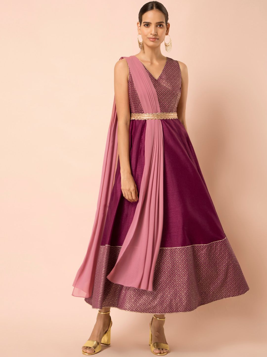 INDYA Wine Printed Belted Maxi Tunic with Attached Dupatta Price in India