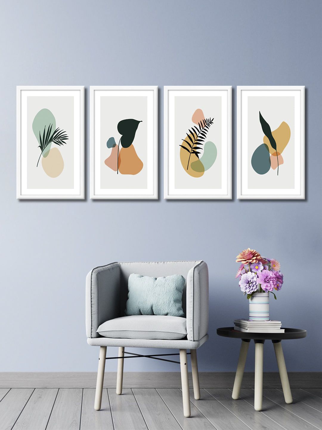 999Store Set of 4 Grey & Orange Leaves Canvas Framed Wall Paintings Price in India