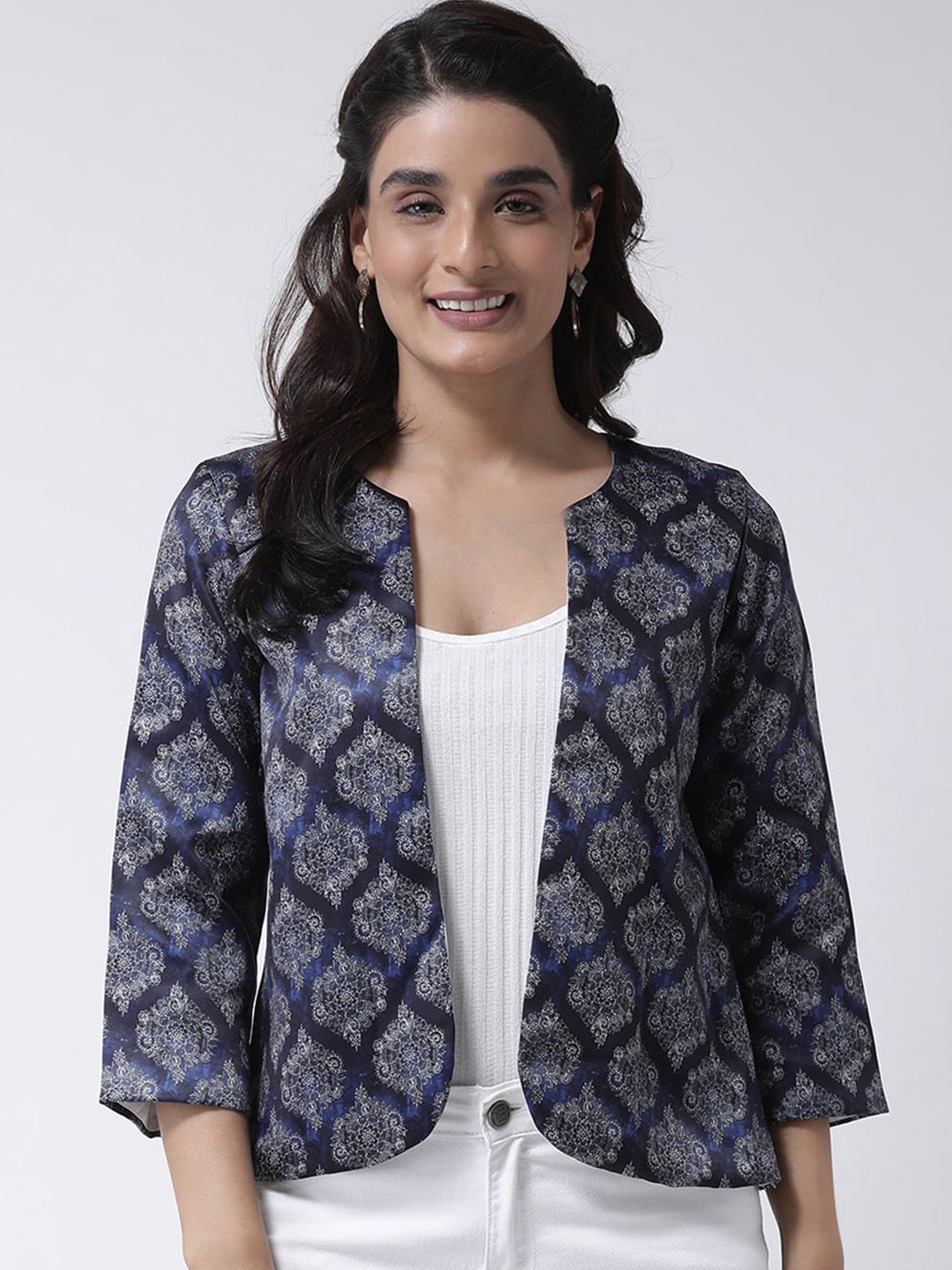 Hangup Women Blue Printed Lightweight Open Front Jacket Price in India