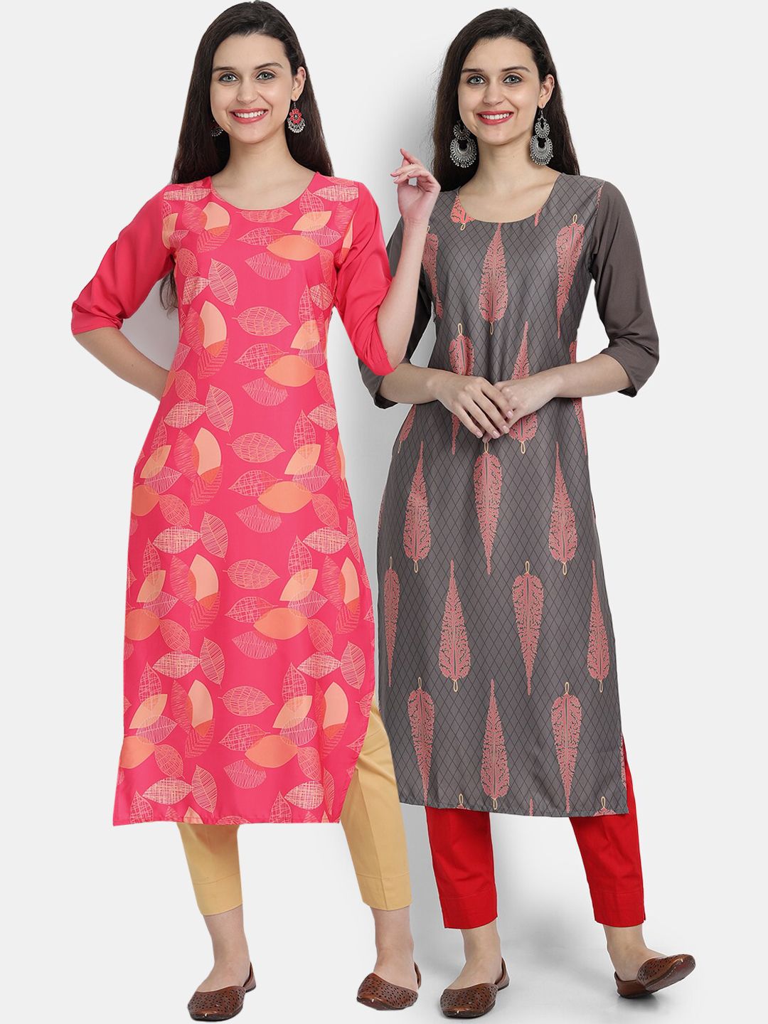 7threads women Pack Of 2 pink & grey ethnic motifs printed crepe kurta Price in India