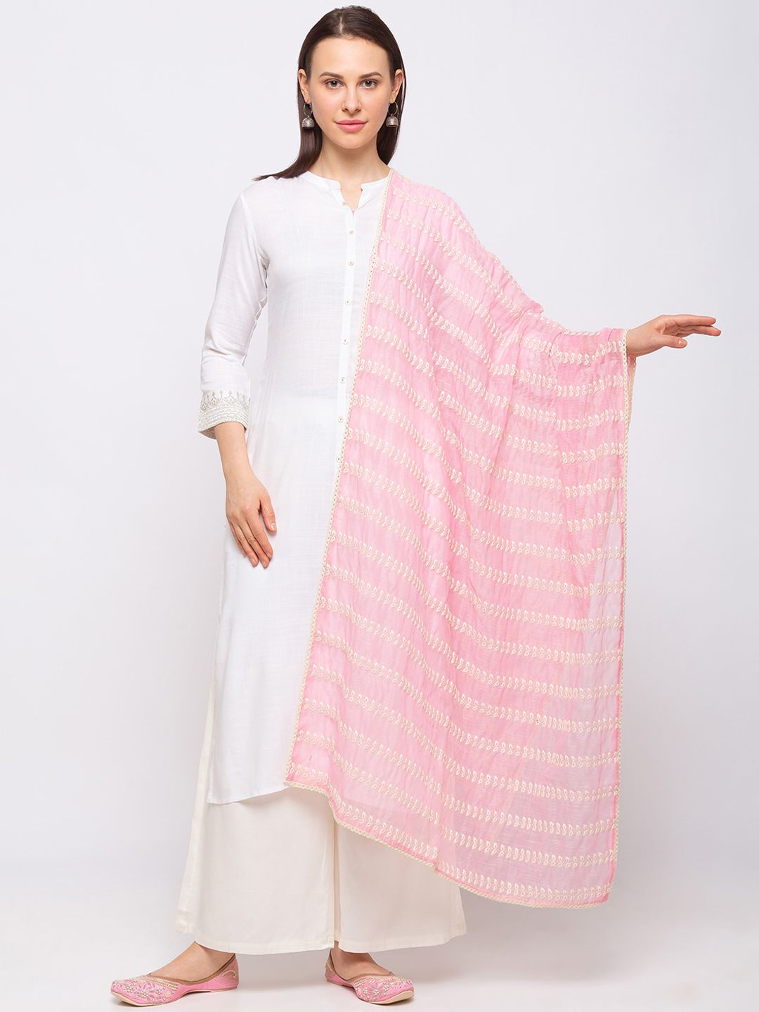 Ethnicity Pink & White Embroidered Dupatta Price in India