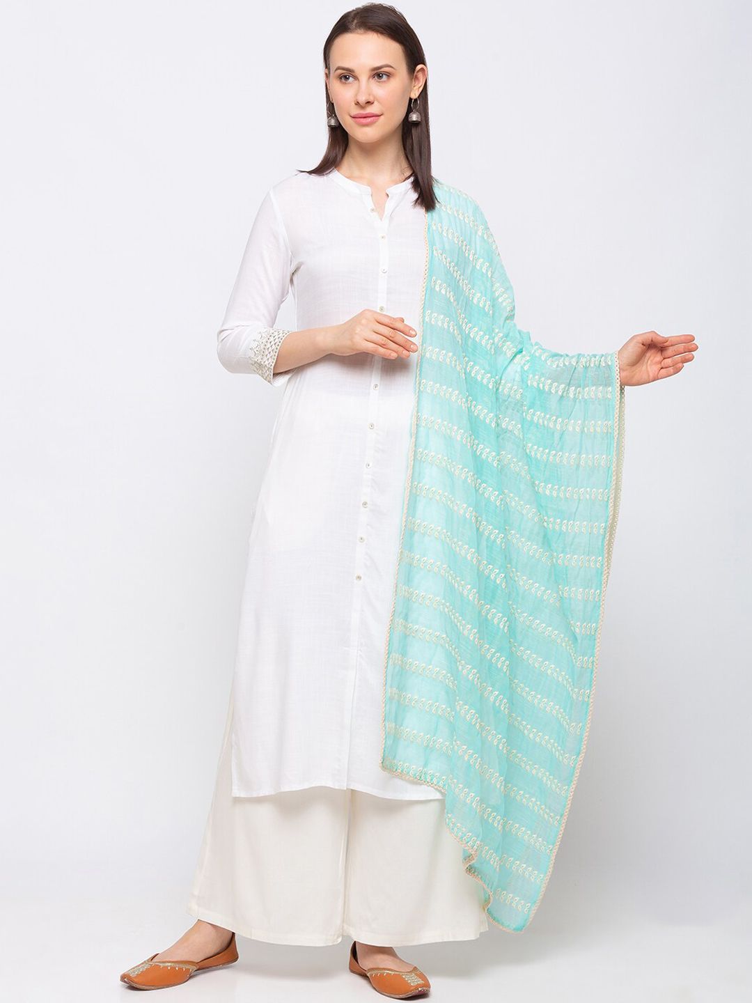 Ethnicity Turquoise Blue Embroidered Dupatta Price in India