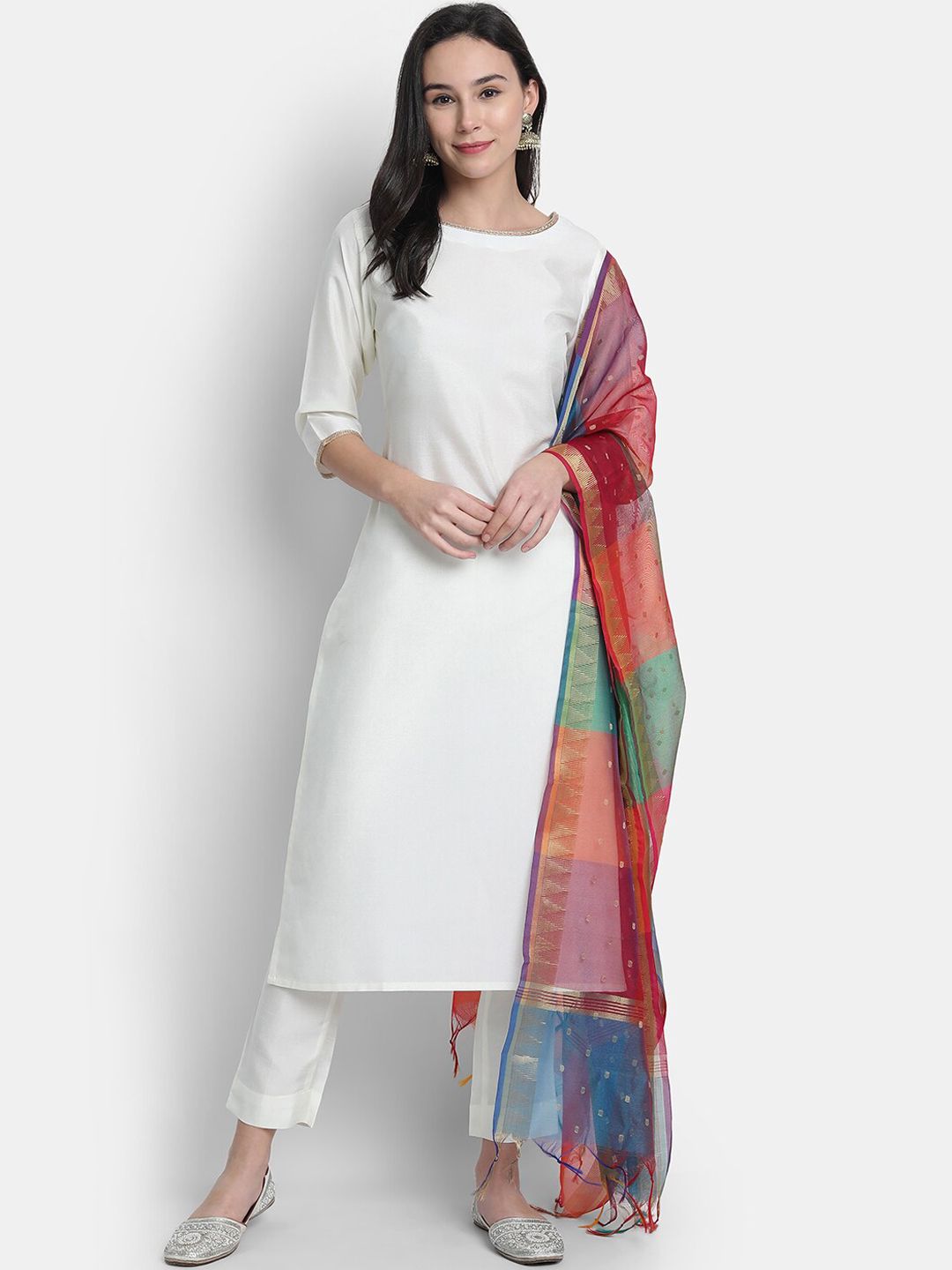 Janasya Women White Solid Kurta with Trousers & Dupatta Price in India