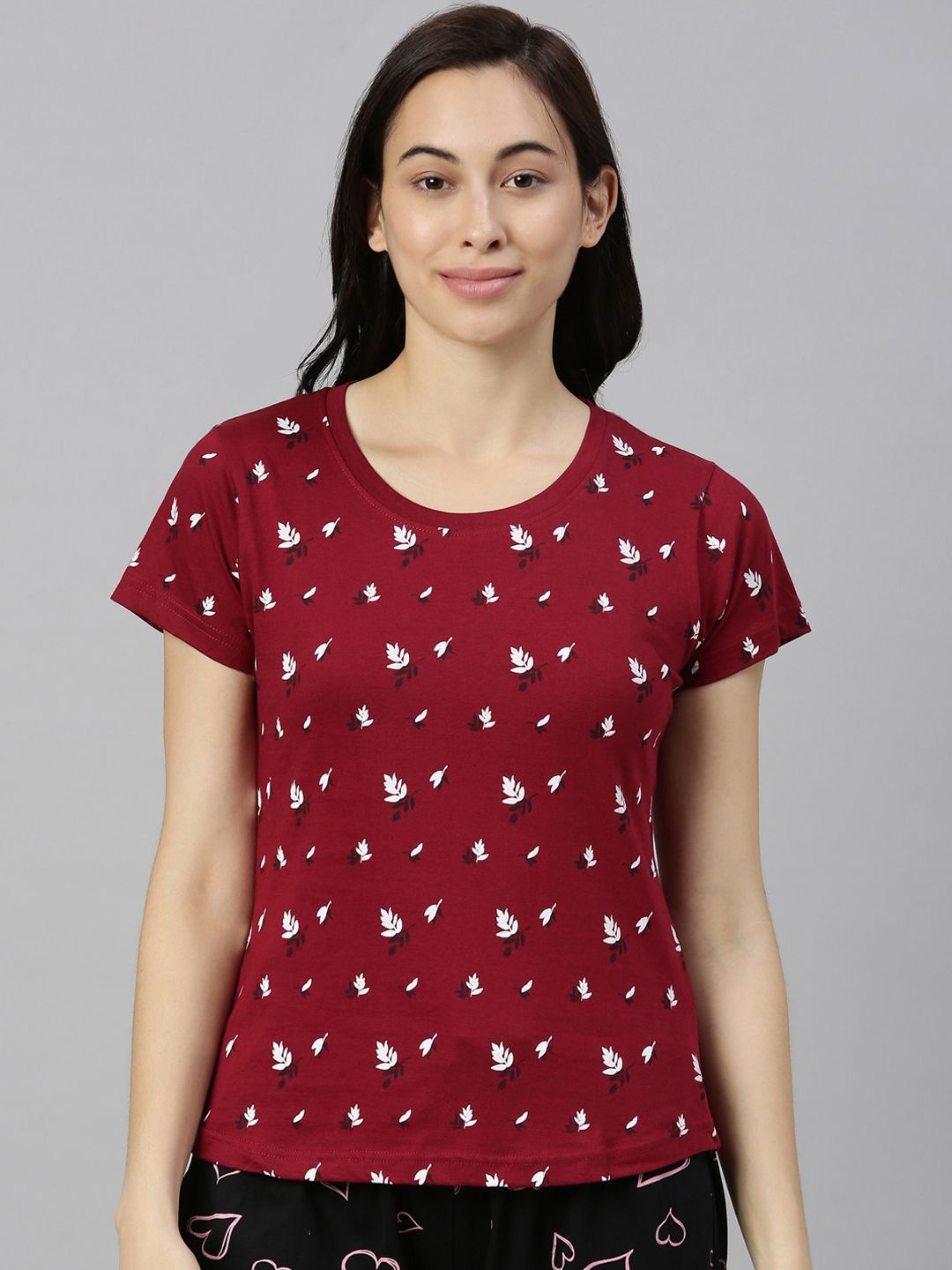 Kryptic Women Maroon & White Leaf Printed Lounge T-shirt Price in India