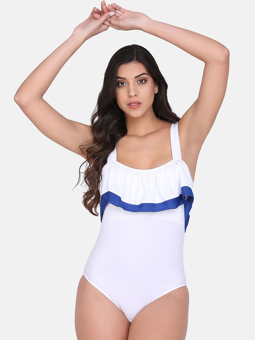 Da Intimo Women White & Blue Solid Padded Swimsuit Price in India