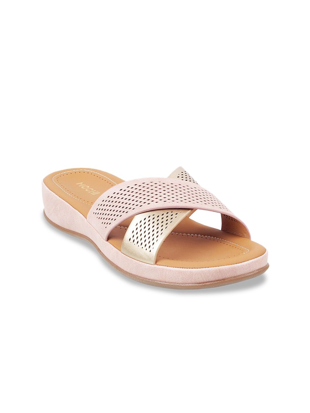 Mochi Women Peach-Coloured & Muted Gold-Toned Colourblocked Comfort Heels Price in India