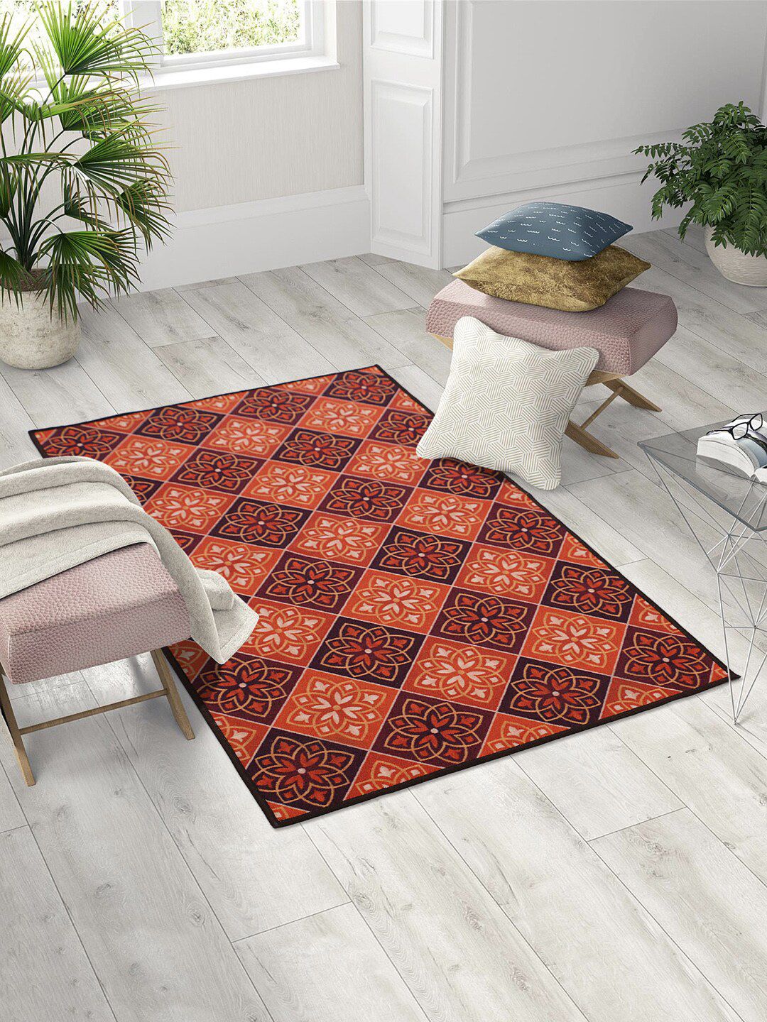 RUGSMITH Orange & Brown Digital Printed Anti-Skid Rug Price in India