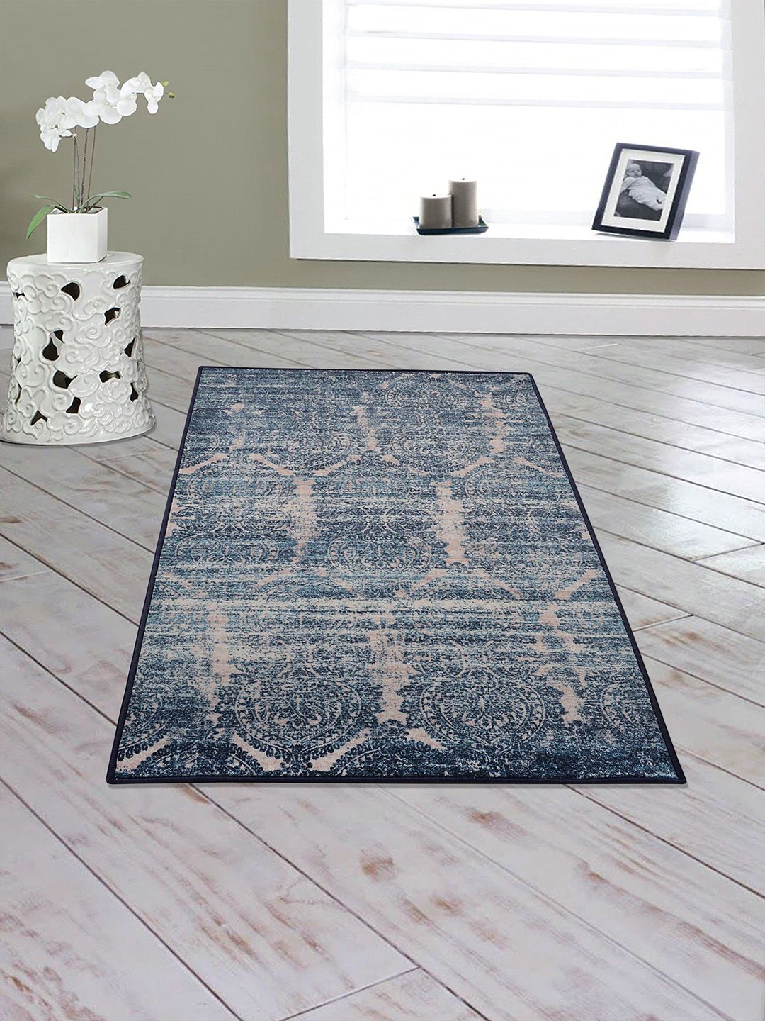 RUGSMITH Navy Blue & Beige Ethnic Motifs Printed Anti-Skid Carpet Price in India