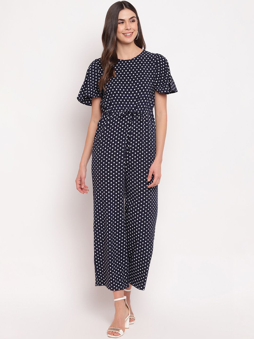 Mayra Women Navy Blue & White Printed Basic Jumpsuit Price in India