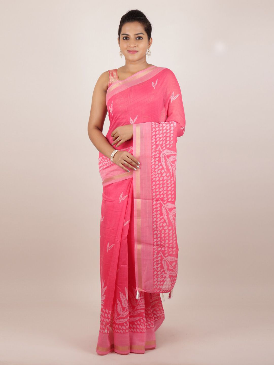 Pothys Pink Printed Jute Silk Saree