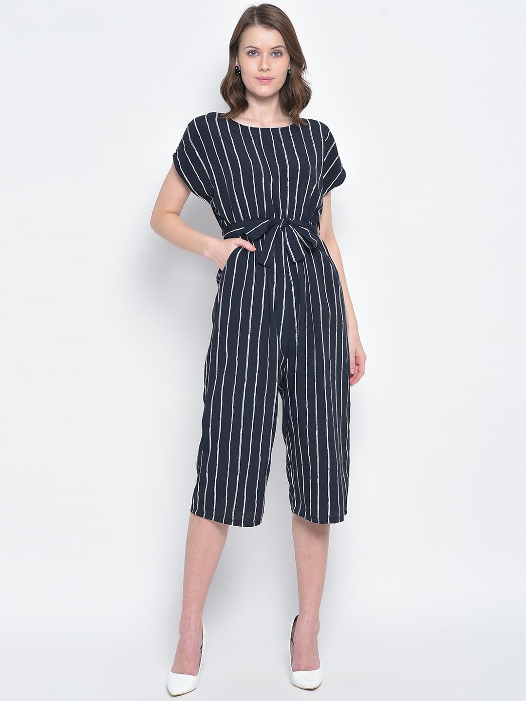 Mayra Women Blue & White Striped Culotte Jumpsuit Price in India