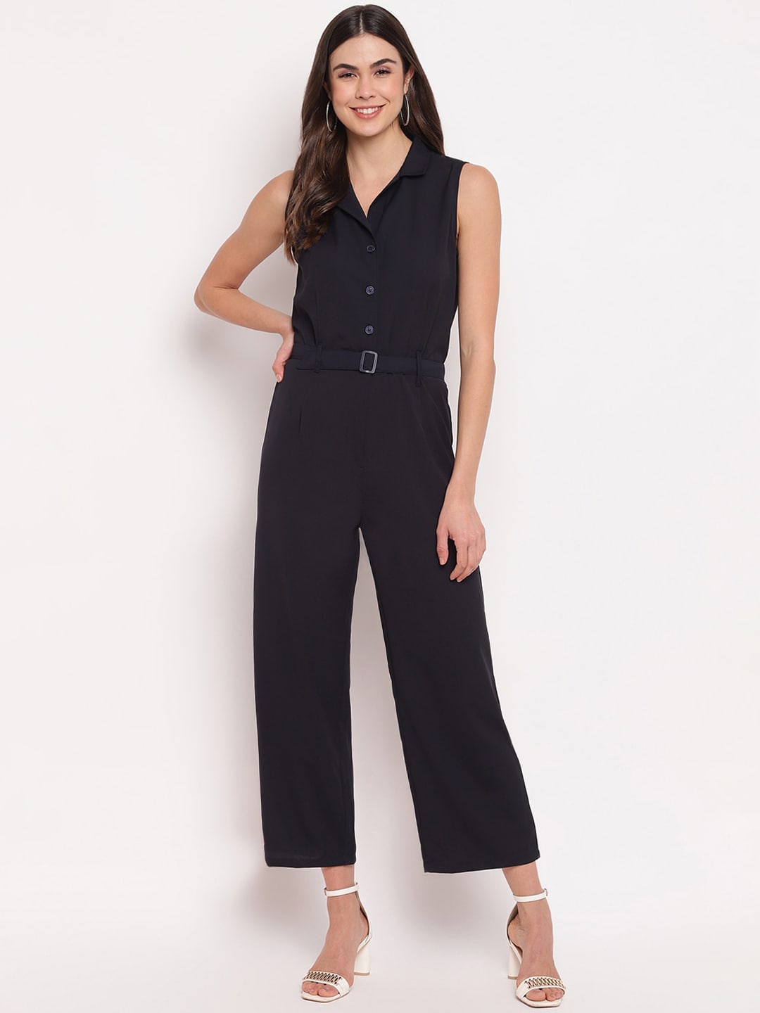 Mayra Women Navy Blue Solid Basic Jumpsuit Price in India