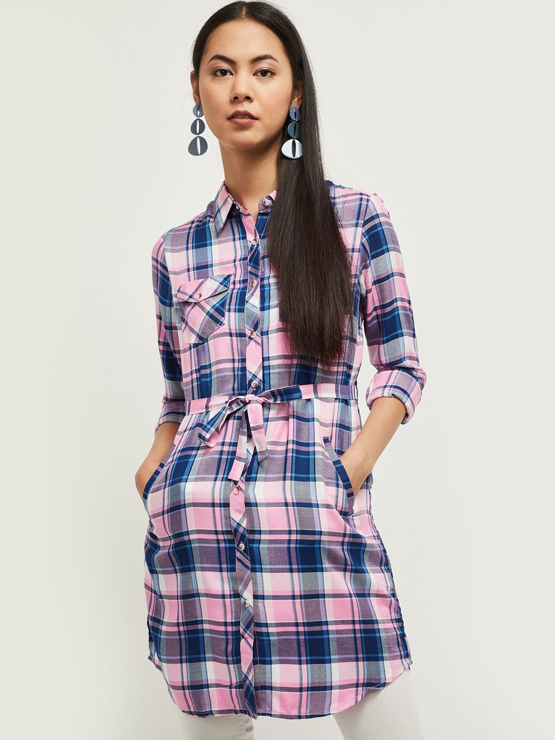 max Women Pink & Blue Checked Casual Longline Shirt