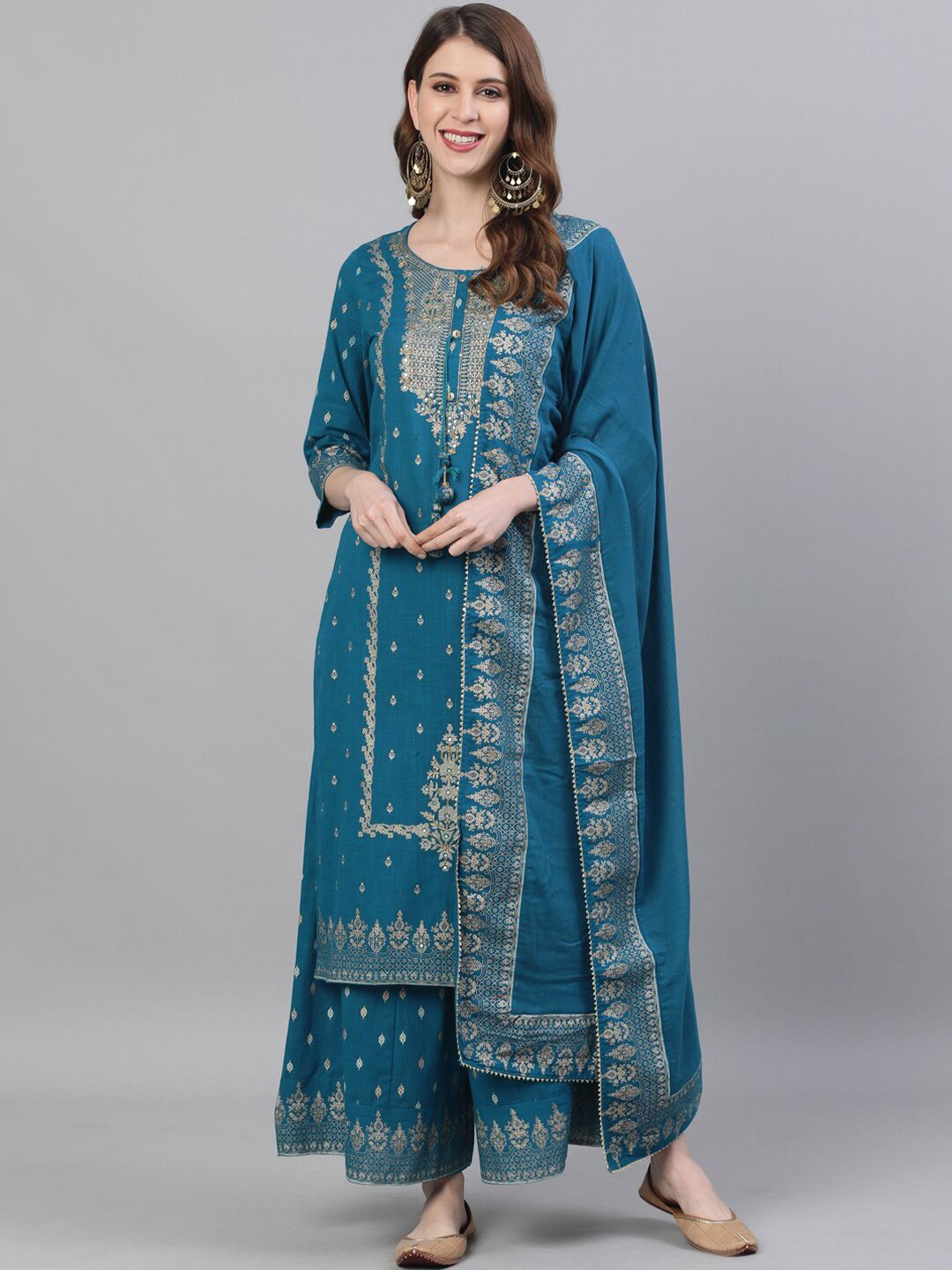 Ishin Women Teal Blue Embroidered Kurta with Sharara & Dupatta Price in India