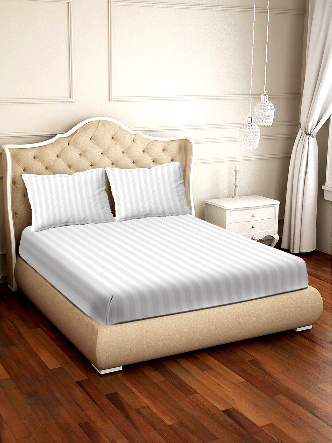 BELLA CASA White Striped 210 TC Cotton 1 King Bedsheet with 2 Pillow Covers Price in India