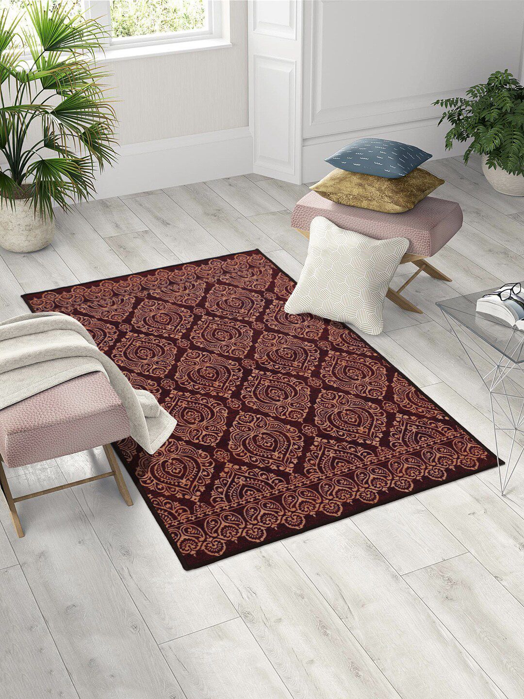 RUGSMITH Maroon & Beige Digital Printed Anti-Skid Carpet Price in India