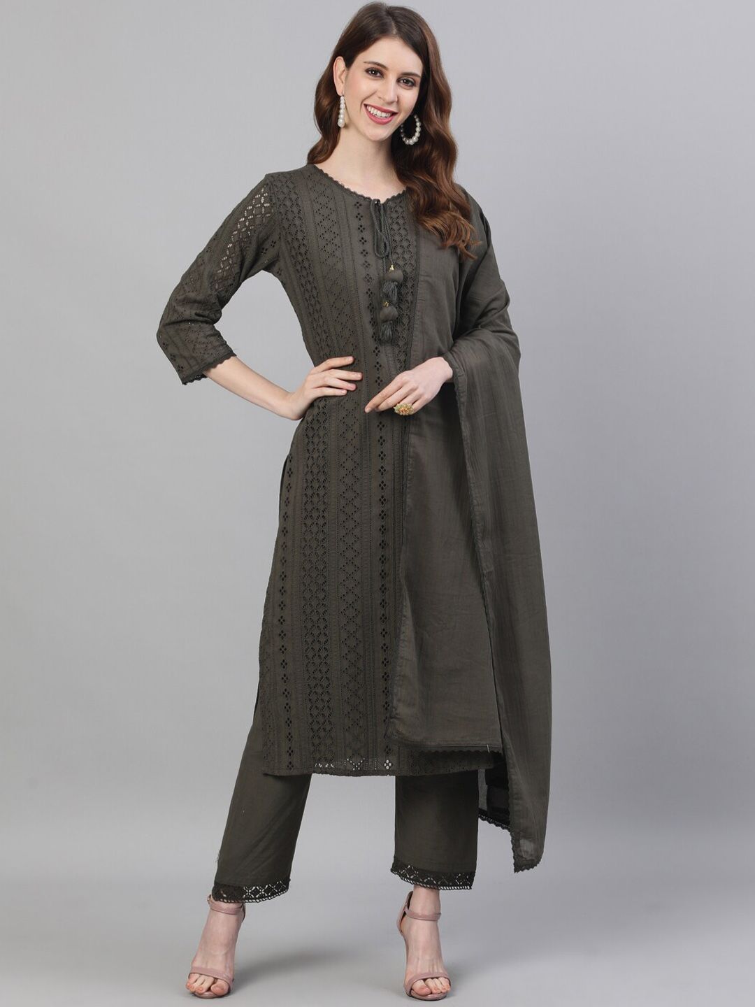 Ishin Women Olive Green Self Design Kurta with Trousers & Dupatta Price in India