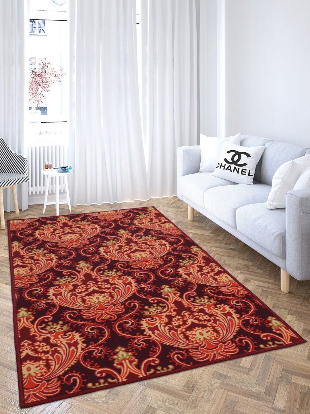 RUGSMITH Maroon & Orange Ethnic Motifs Printed Anti-Skid Carpet Price in India