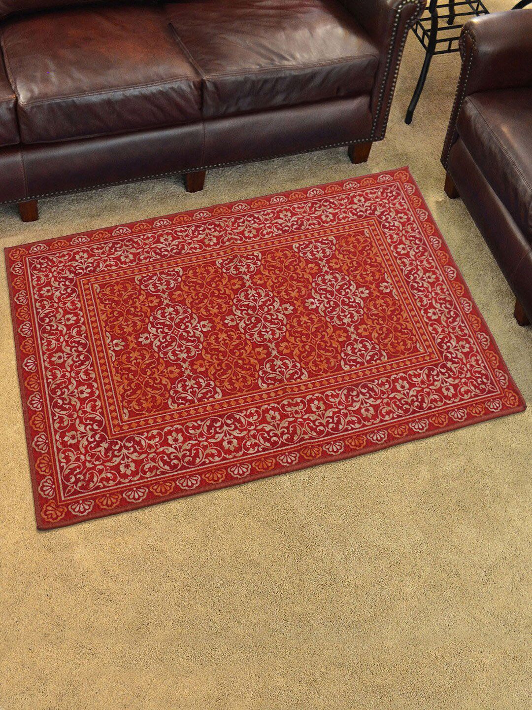 RUGSMITH Red & Beige Ethnic Motifs Patterned Anti-Skid Carpet Price in India