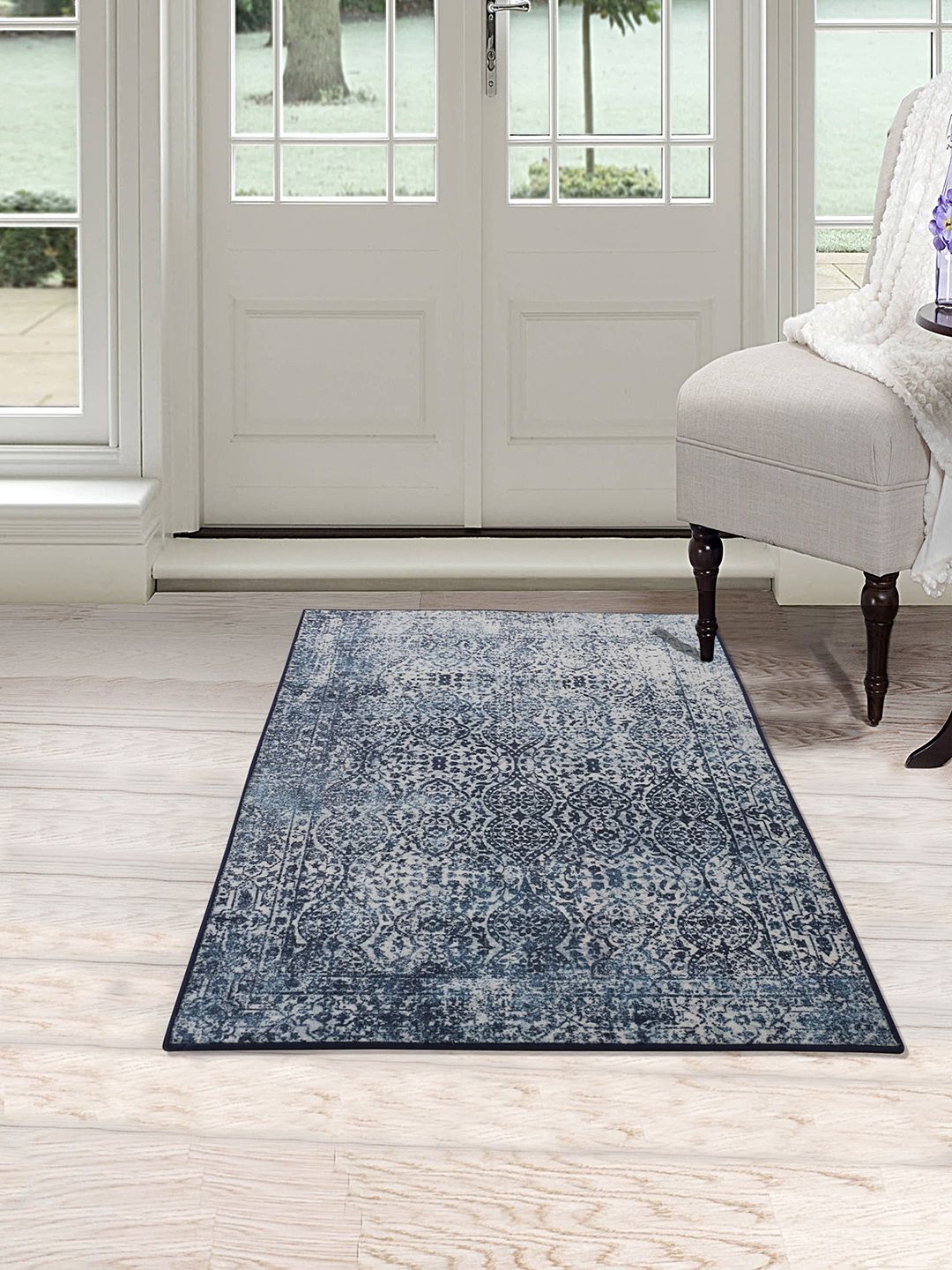 RUGSMITH Navy Blue & Off-White Printed Light Anti-Skid Carpet Price in India