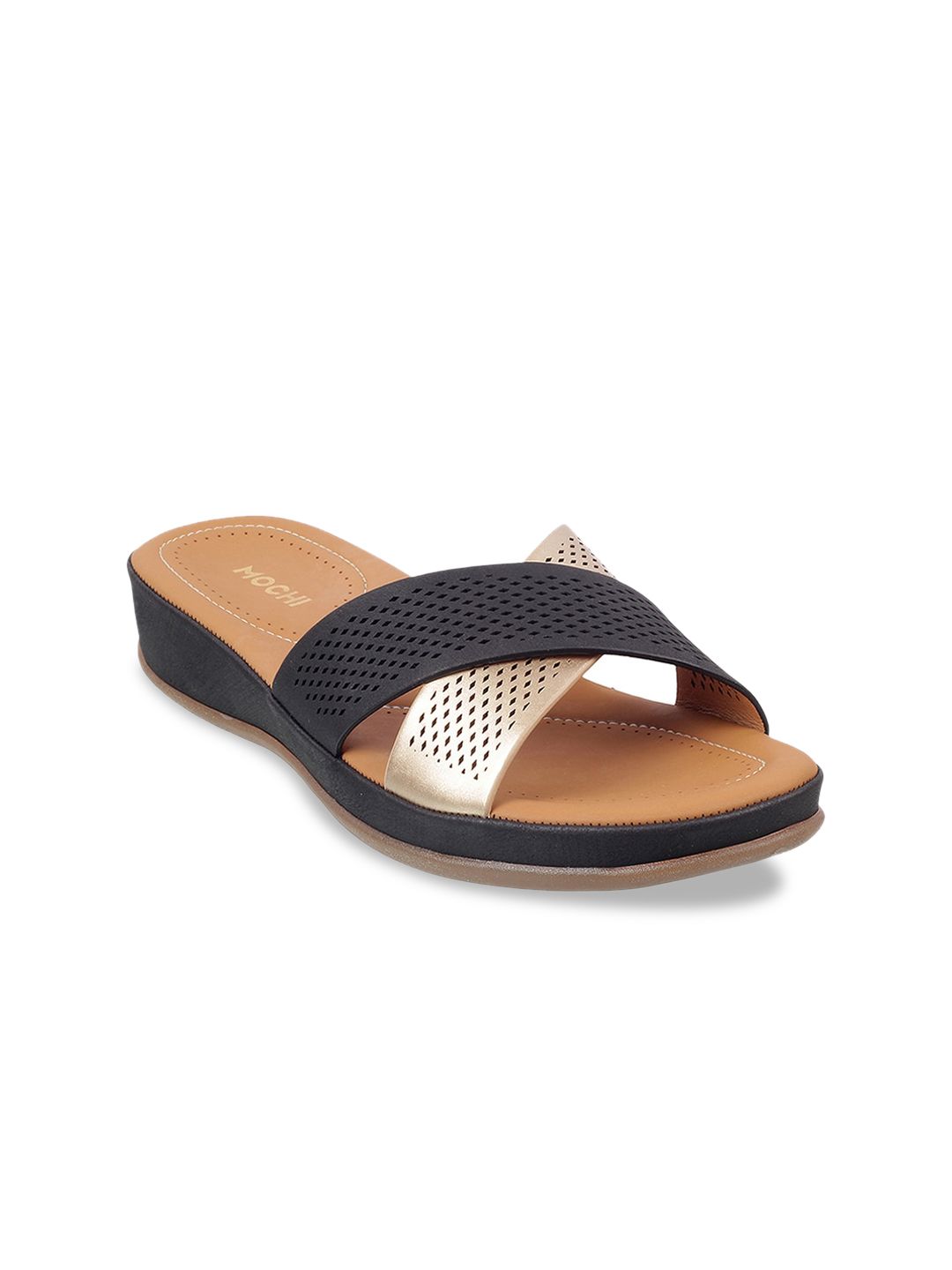 Mochi Women Black & Muted Gold-Toned Colourblocked Wedges Price in India