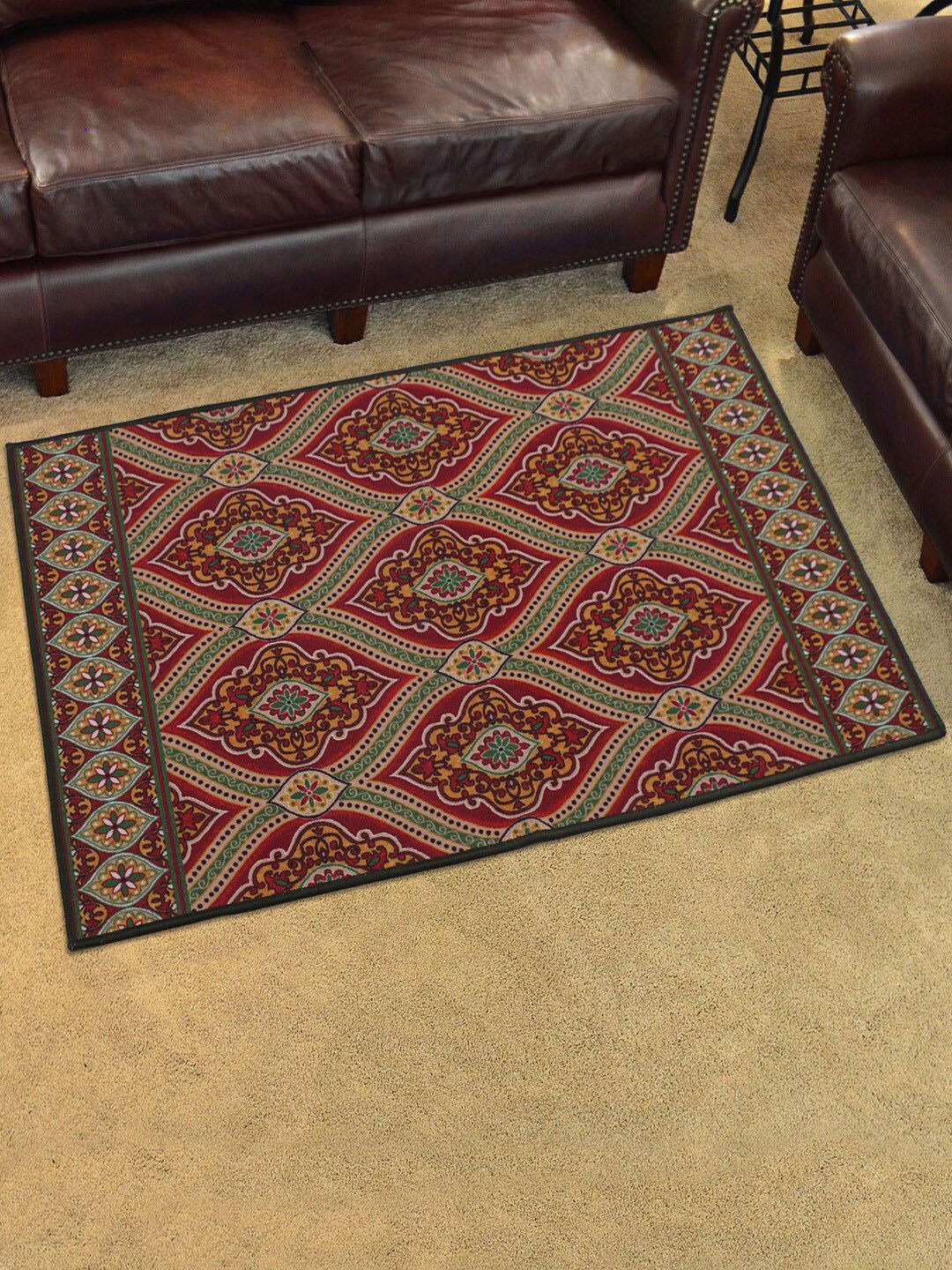 RUGSMITH Red & Green Ethnic Motifs Printed Baroque Anti-Skid Carpet Price in India