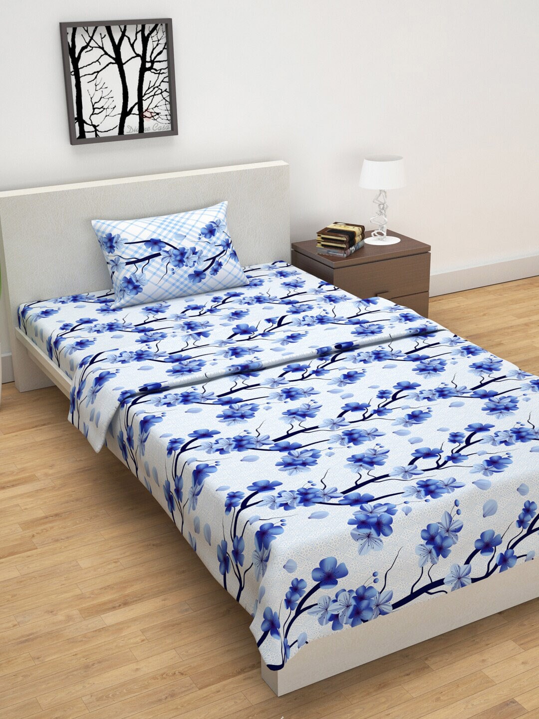 Divine Casa White & Blue Floral 144 TC Single Bedding Set With Dohar Price in India