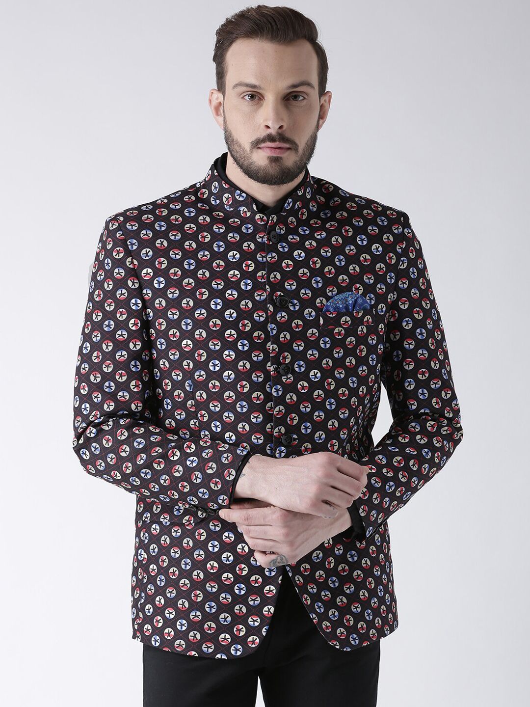 Hangup Men Brown & White Printed Bandhgala Blazer