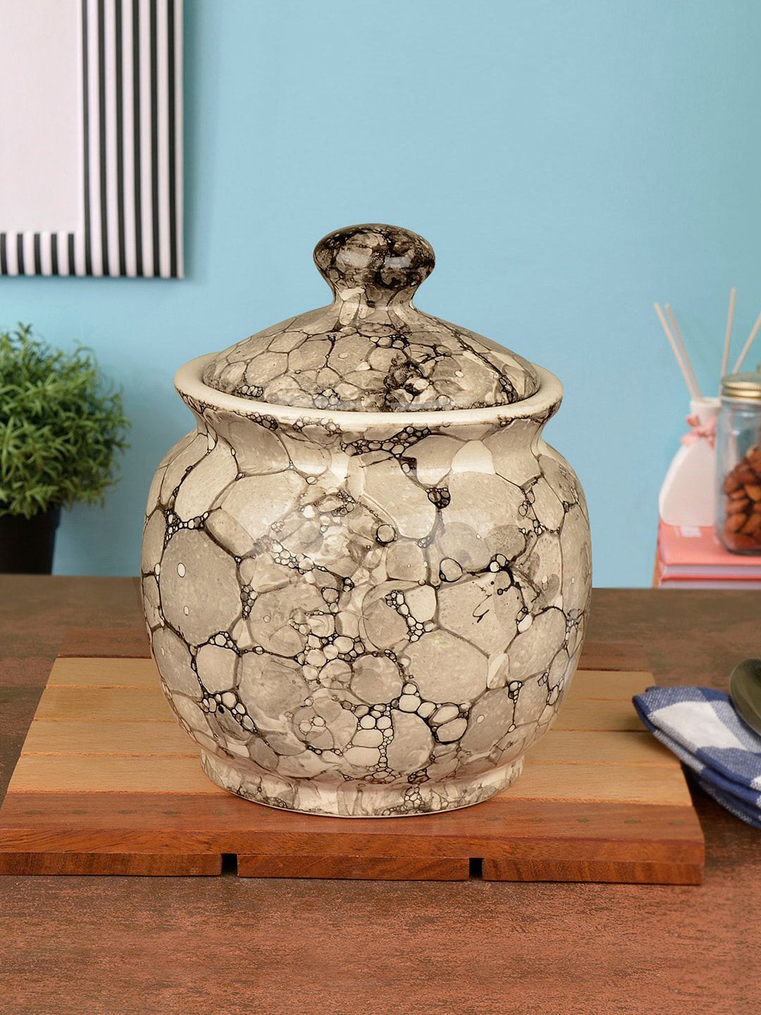 StyleMyWay Beige & Brown Hand-Painted Ceramic Jar With Lid Price in India