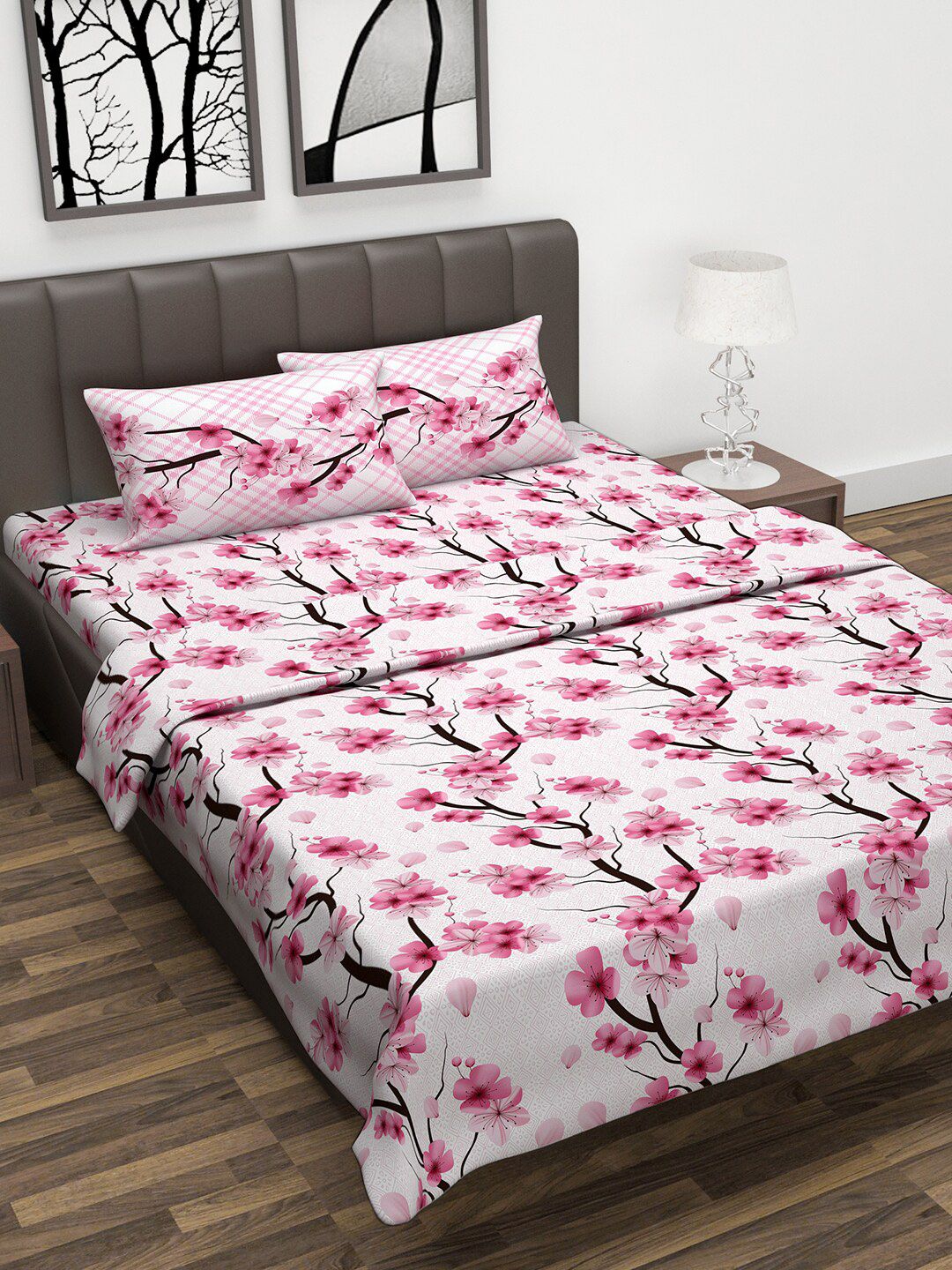 Divine Casa Pink & White Floral Printed Double Queen Bedding Set With Dohar Price in India