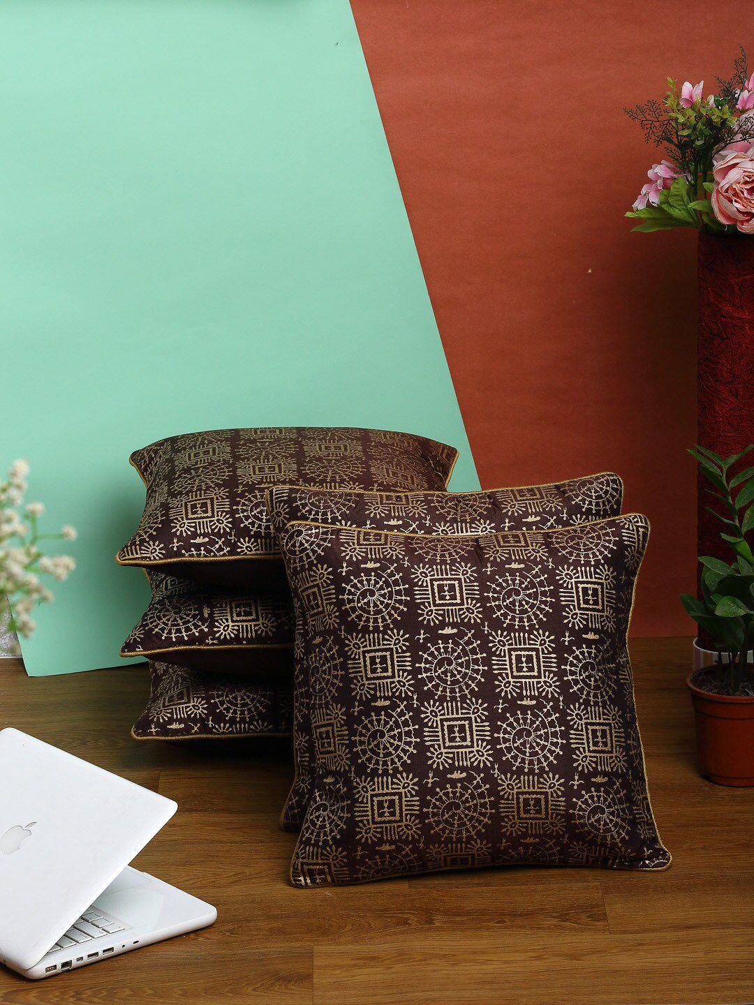 HOSTA HOMES Brown & Beige Set of 5 Ethnic Motifs Square Cushion Covers Price in India