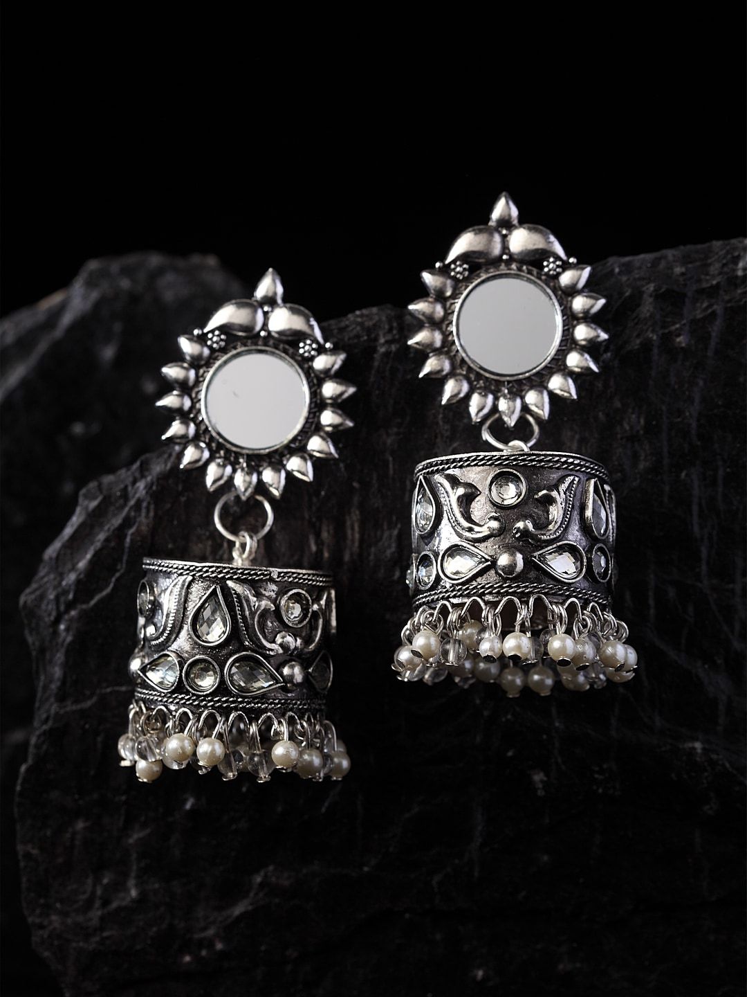 PANASH Silver-Toned Contemporary Jhumkas Price in India