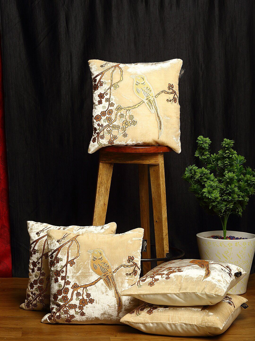 HOSTA HOMES Cream-Coloured Set of 5 Ethnic Motifs Square Cushion Covers Price in India