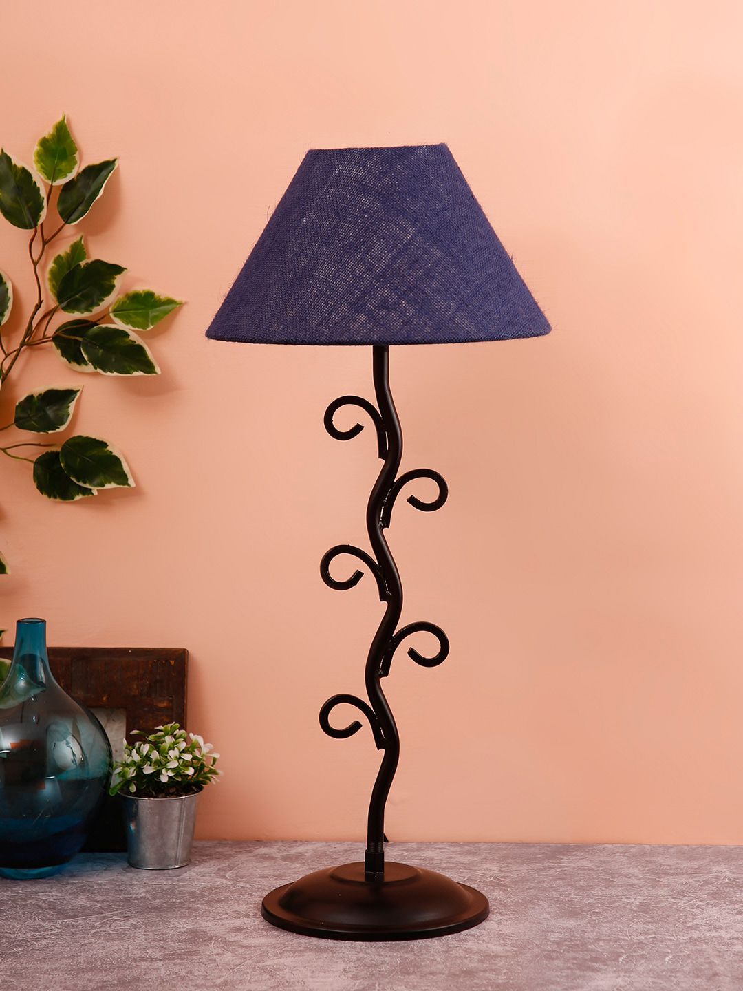 Devansh Navy Blue & Brown Self Design Traditional Table Lamp Price in India