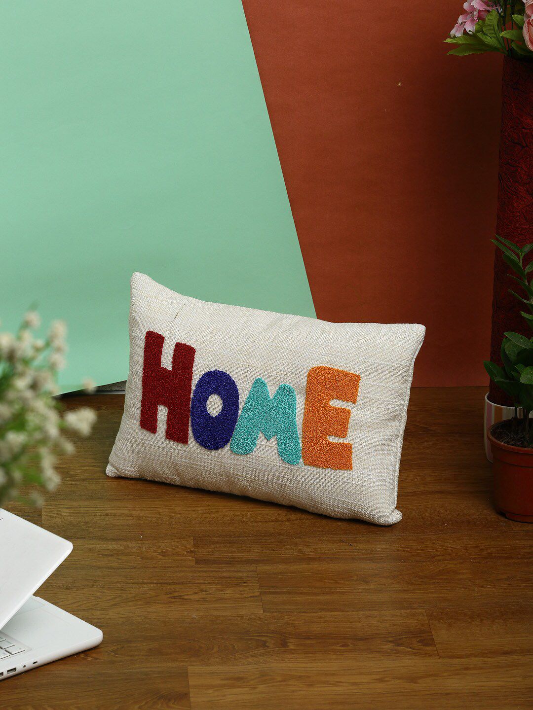 HOSTA HOMES White & Maroon Set of Single Embroidered Rectangle Cushion Covers Price in India