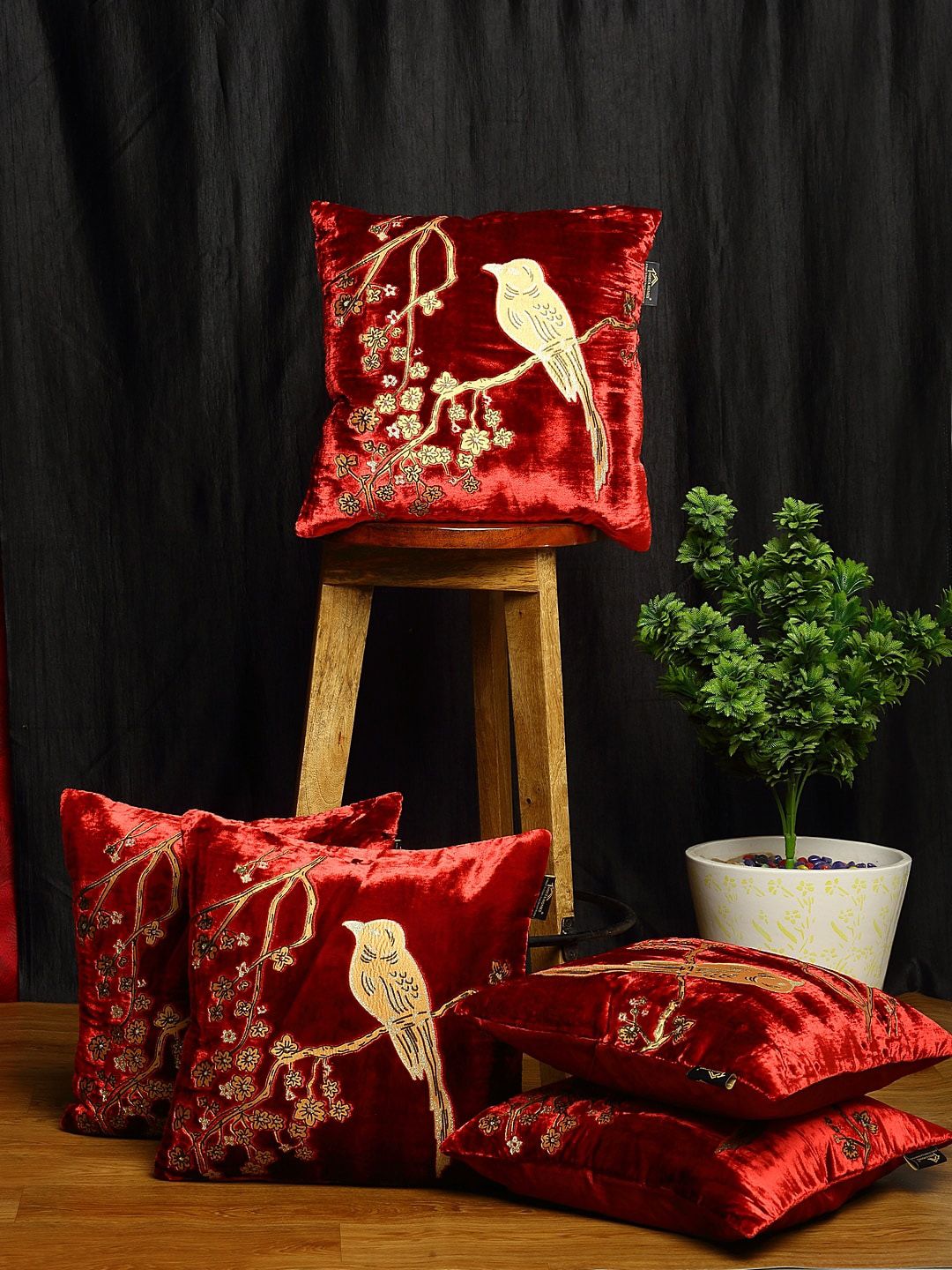 HOSTA HOMES Maroon & Gold-Coloured Set of 5 Ethnic Motifs Square Cushion Covers Price in India