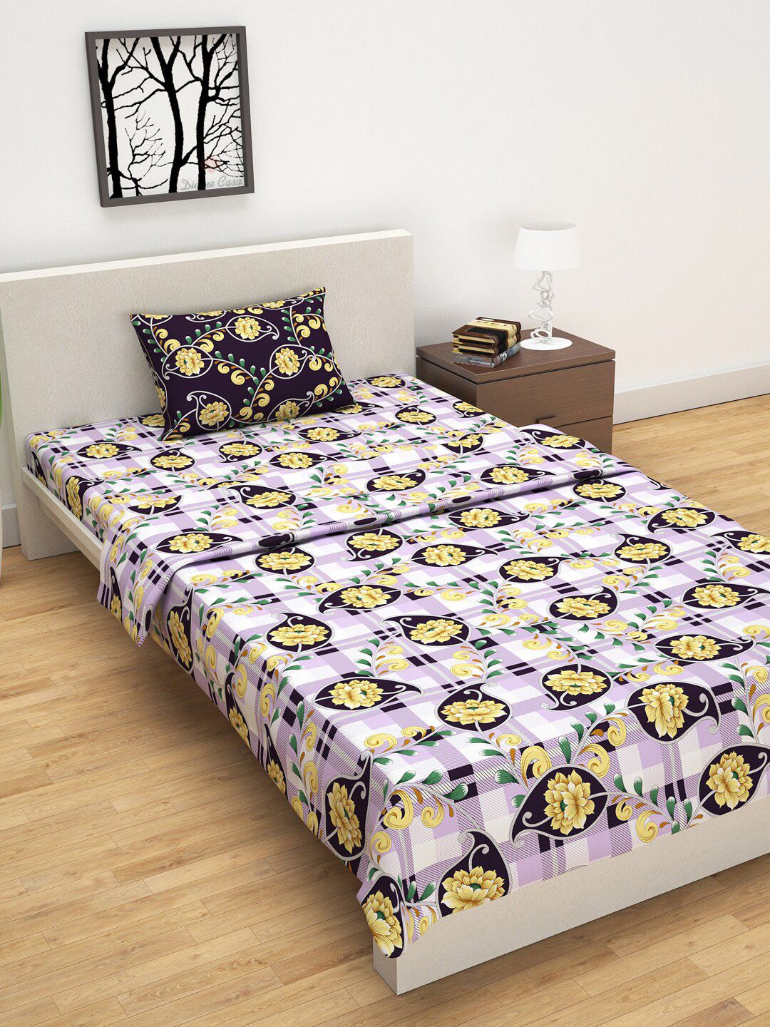 Divine Casa Purple & Yellow Floral Printed 180 TC Single Bedding Set With Dohar Price in India