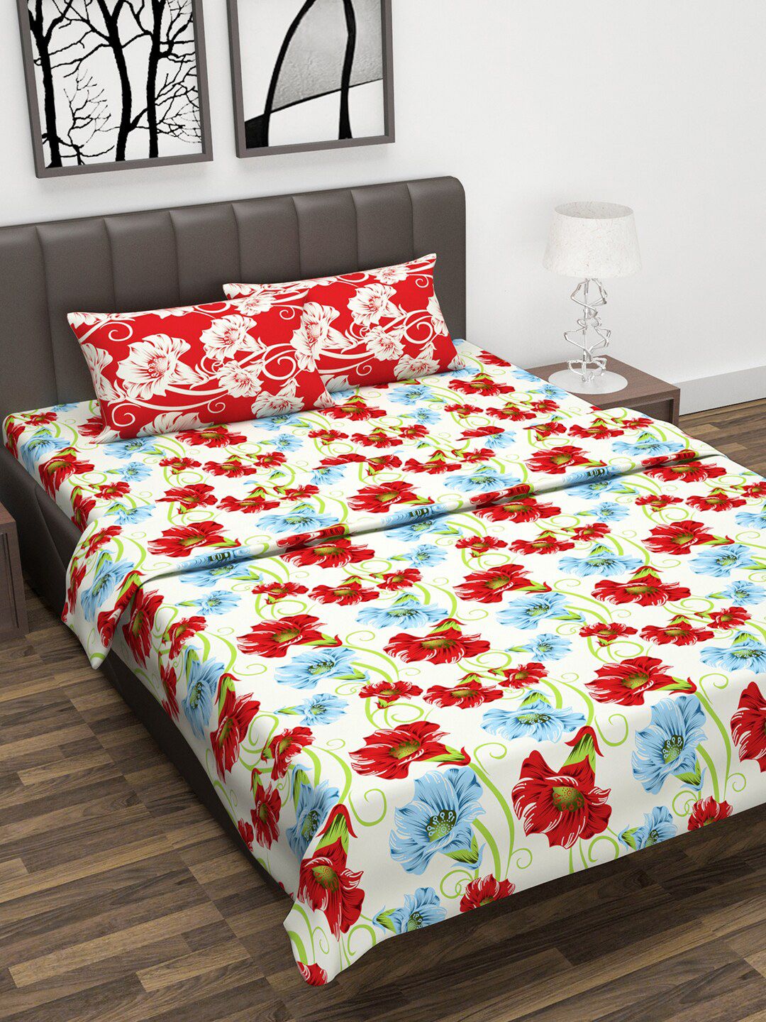 Divine Casa Red & White Floral Printed Double Queen Bedding Set With Dohar Price in India