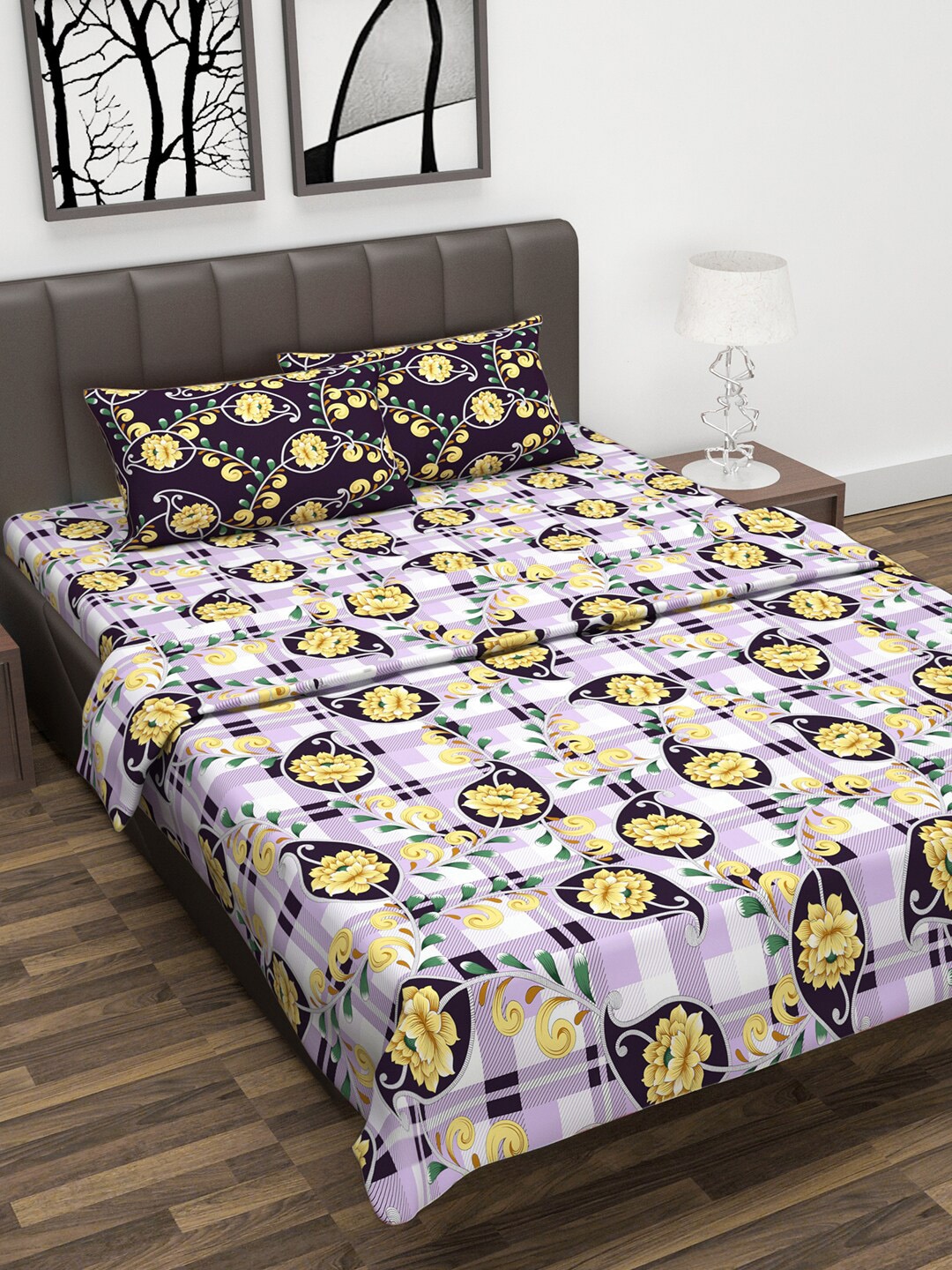 Divine Casa Purple & Yellow Floral Printed 180 TC Double Queen Bedding Set With Dohar Price in India