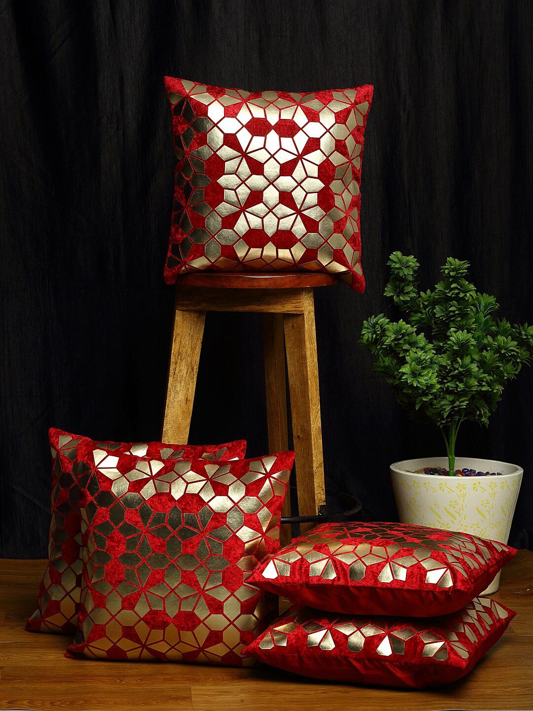 HOSTA HOMES Maroon Set of 5 Geometric Square Cushion Covers Price in India