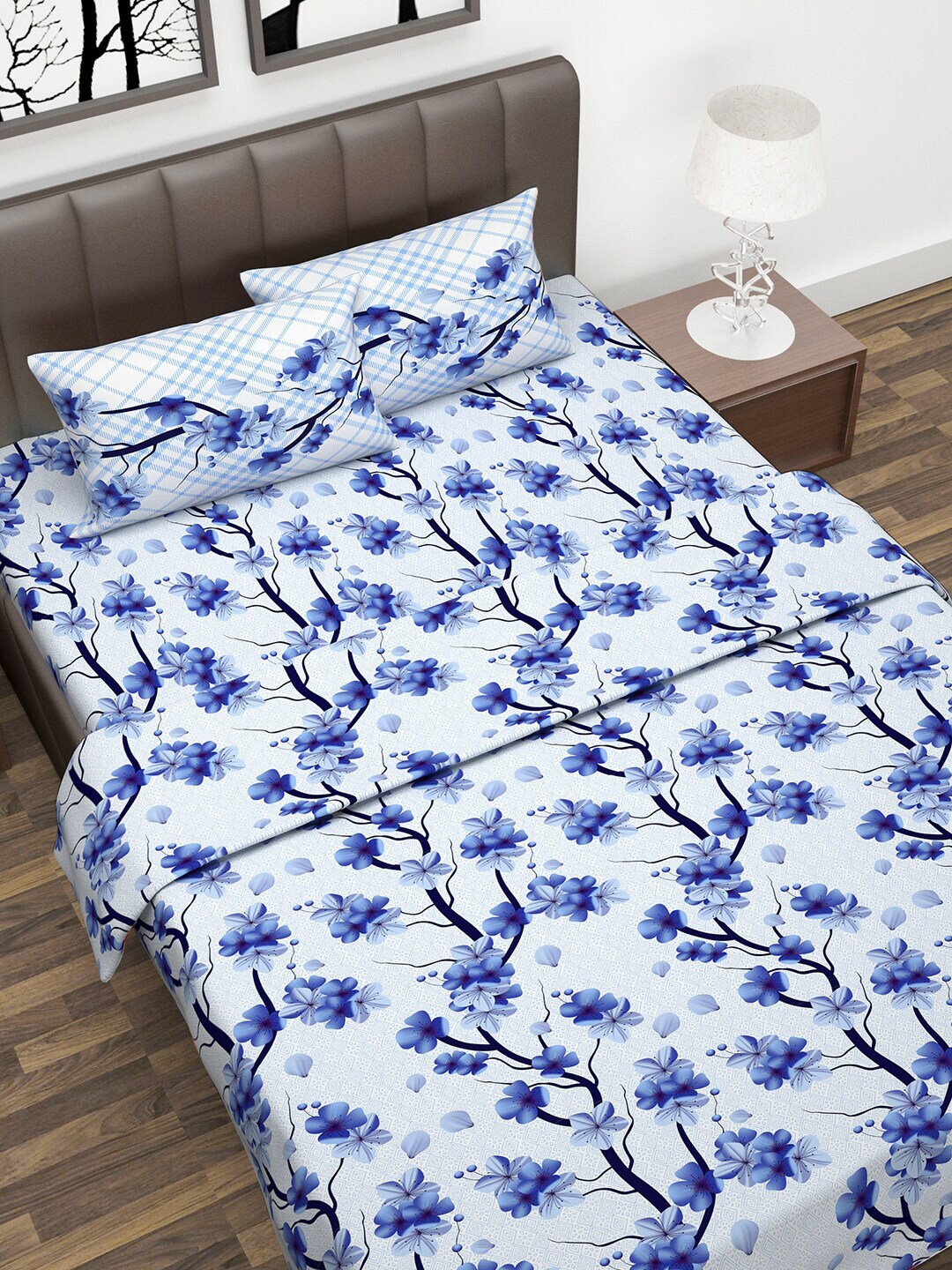 Divine Casa White & Blue Floral Printed 144 TC Double Queen Bedding Set With Dohar Price in India