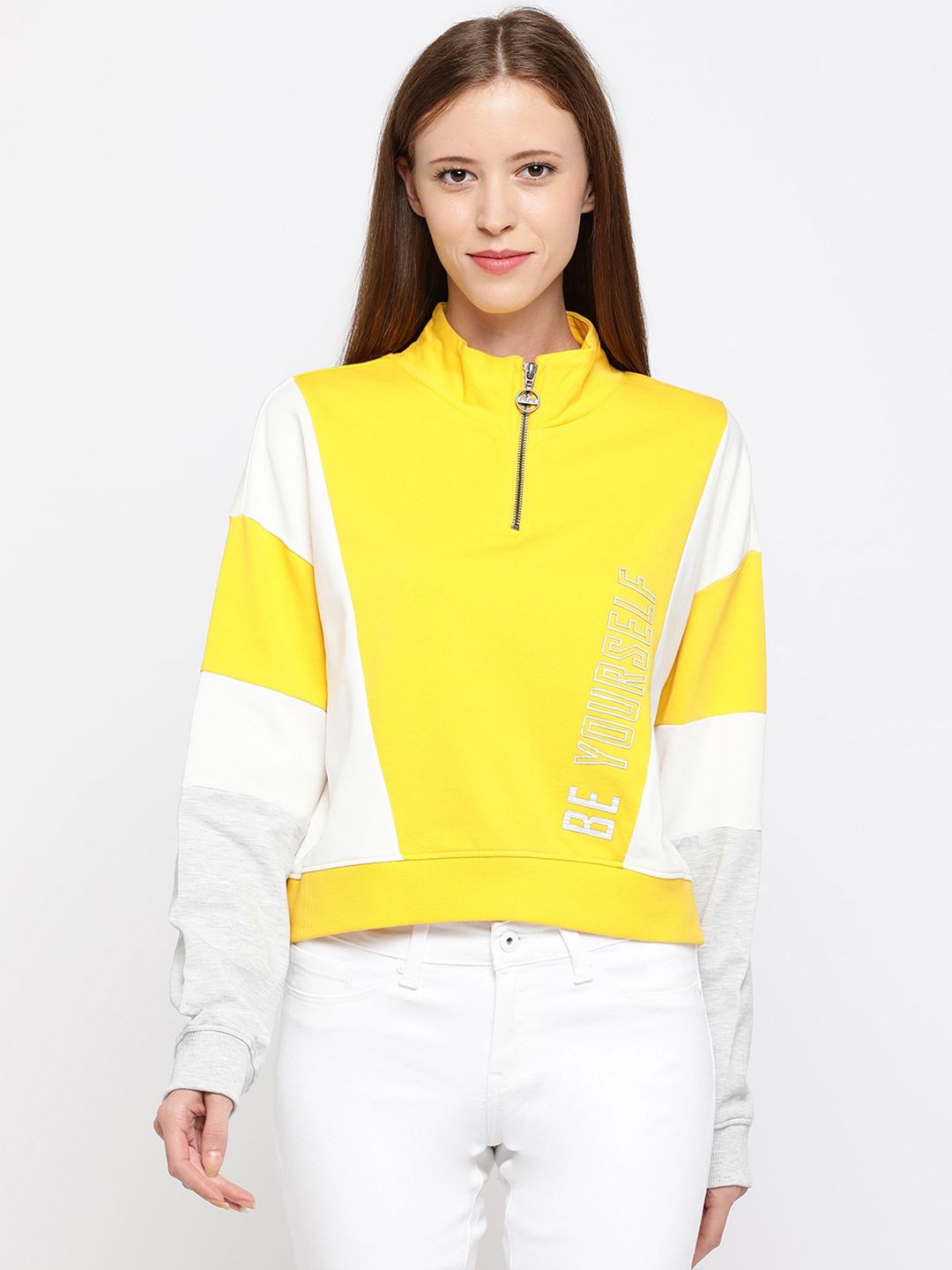 Pepe Jeans Women Yellow Colourblocked Sweatshirt Price in India