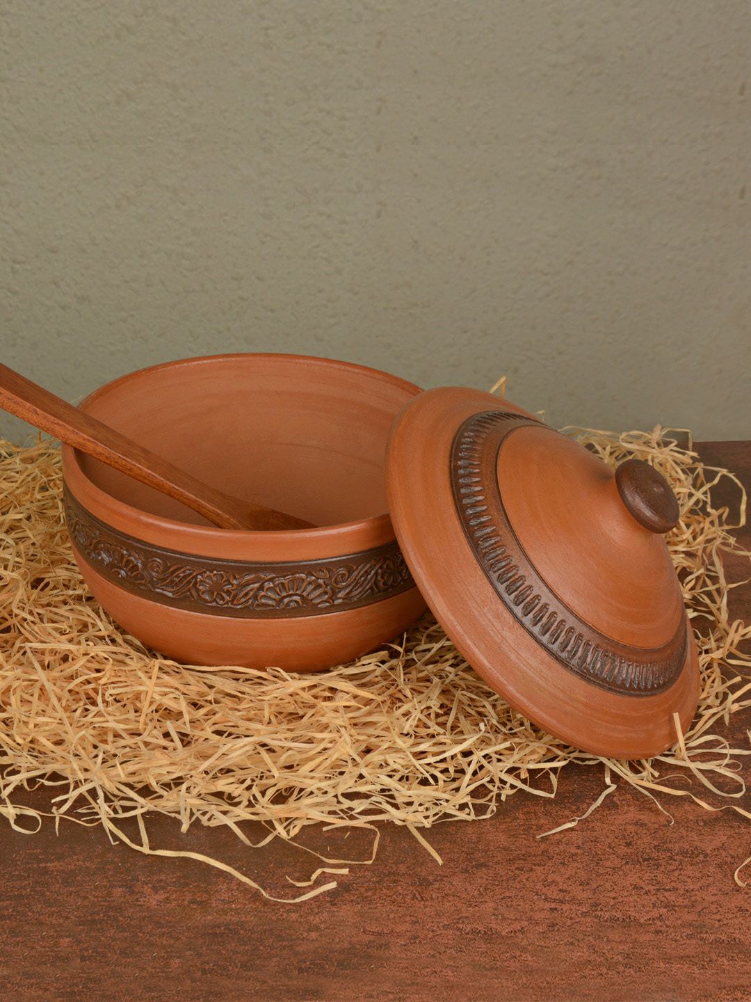 StyleMyWay Brown Handcrafted Earthenware Serving Bowl With Lid Price in India