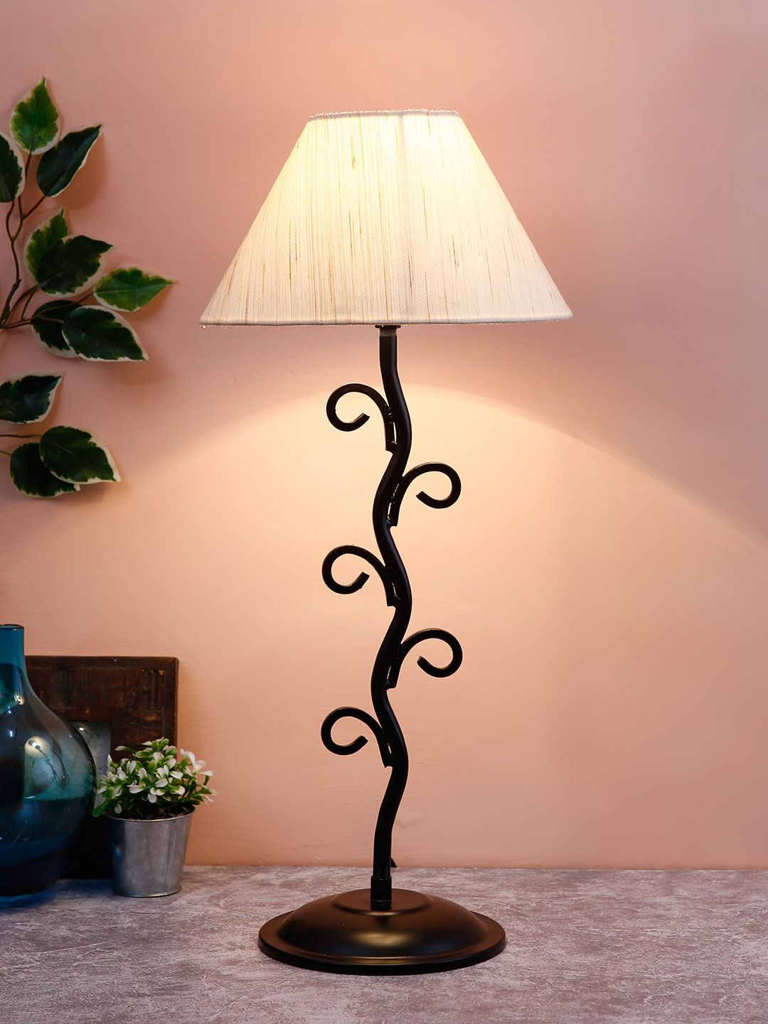 Devansh Off-White & Black Printed Traditional Frustum Table Lamp Price in India