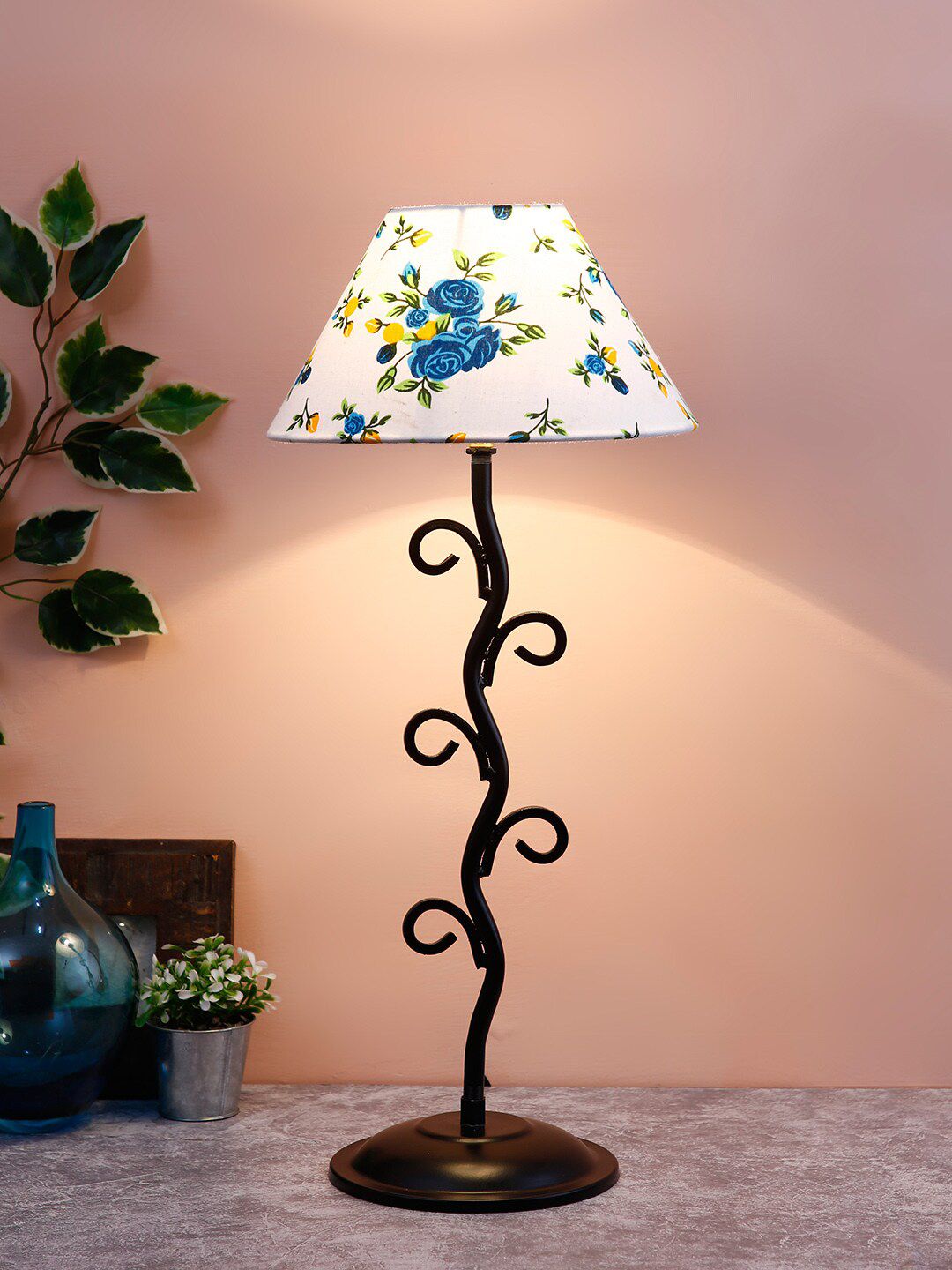 Devansh White & Blue Floral Printed Table Lamp Price in India