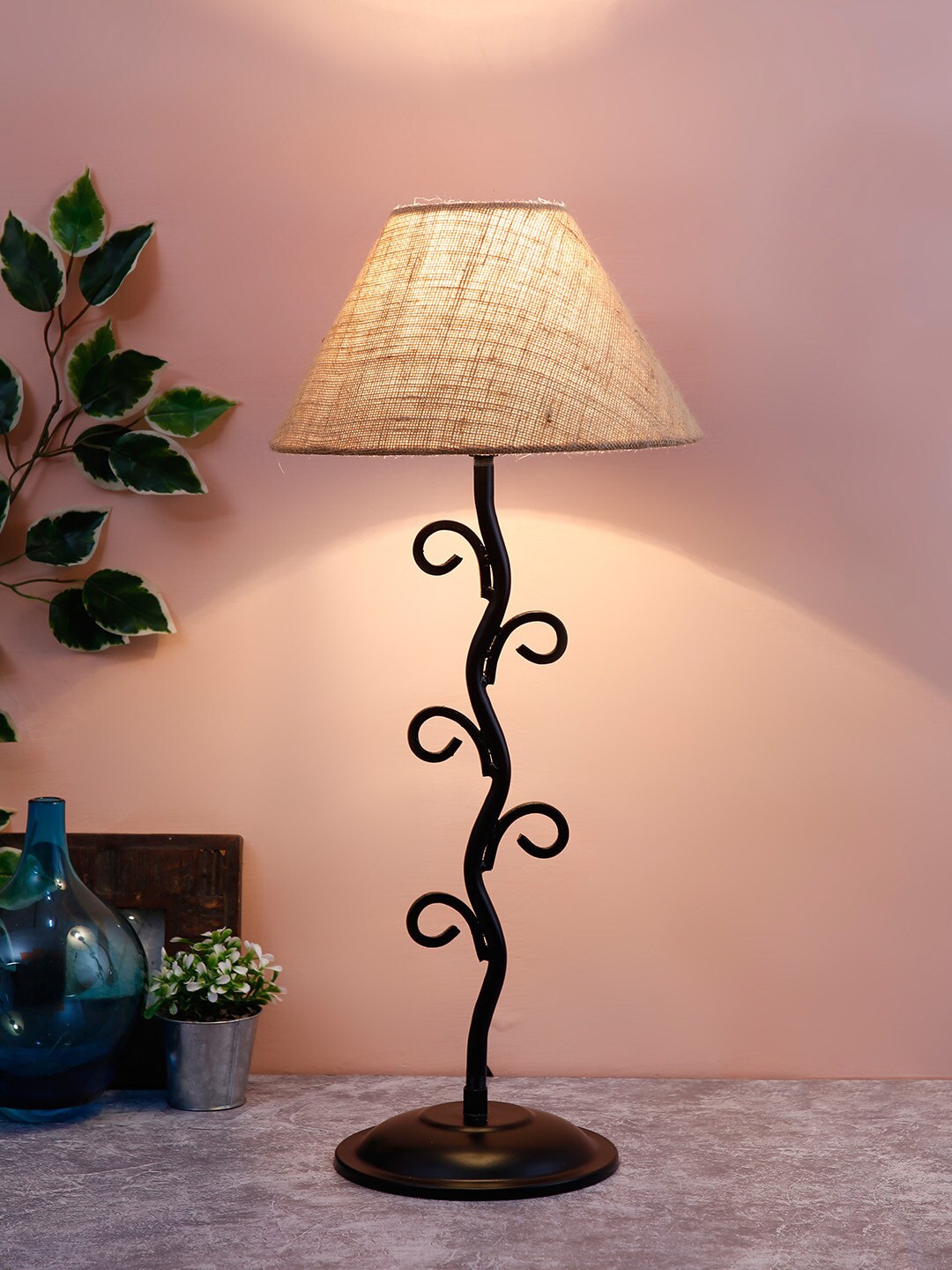 Devansh Beige & Brown Self Design Traditional Table Lamp Price in India