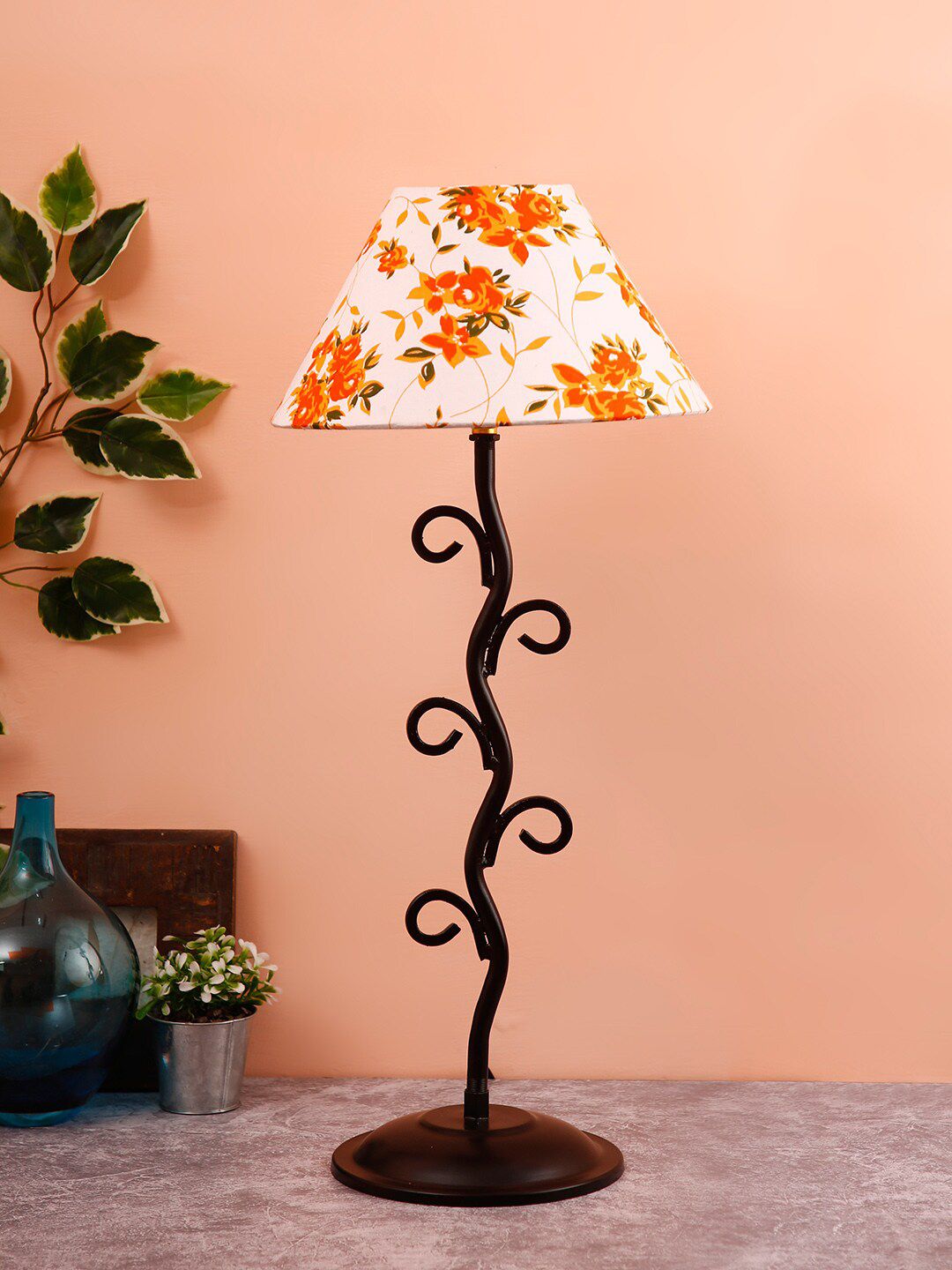 Devansh White & Orange Floral Printed Table Lamp Price in India