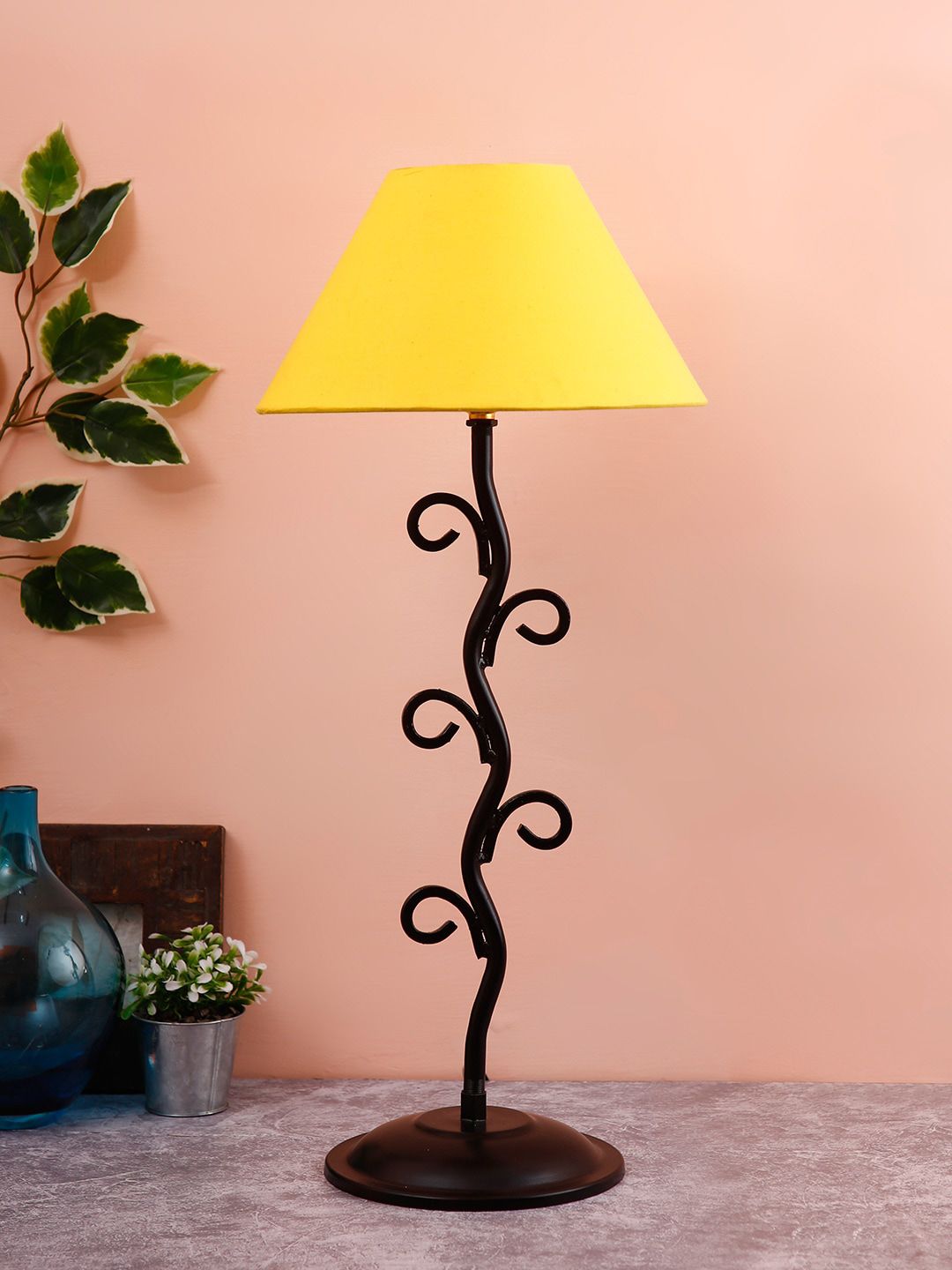 Devansh Yellow & Black Solid Traditional Bedside Table Lamp with Shade Price in India