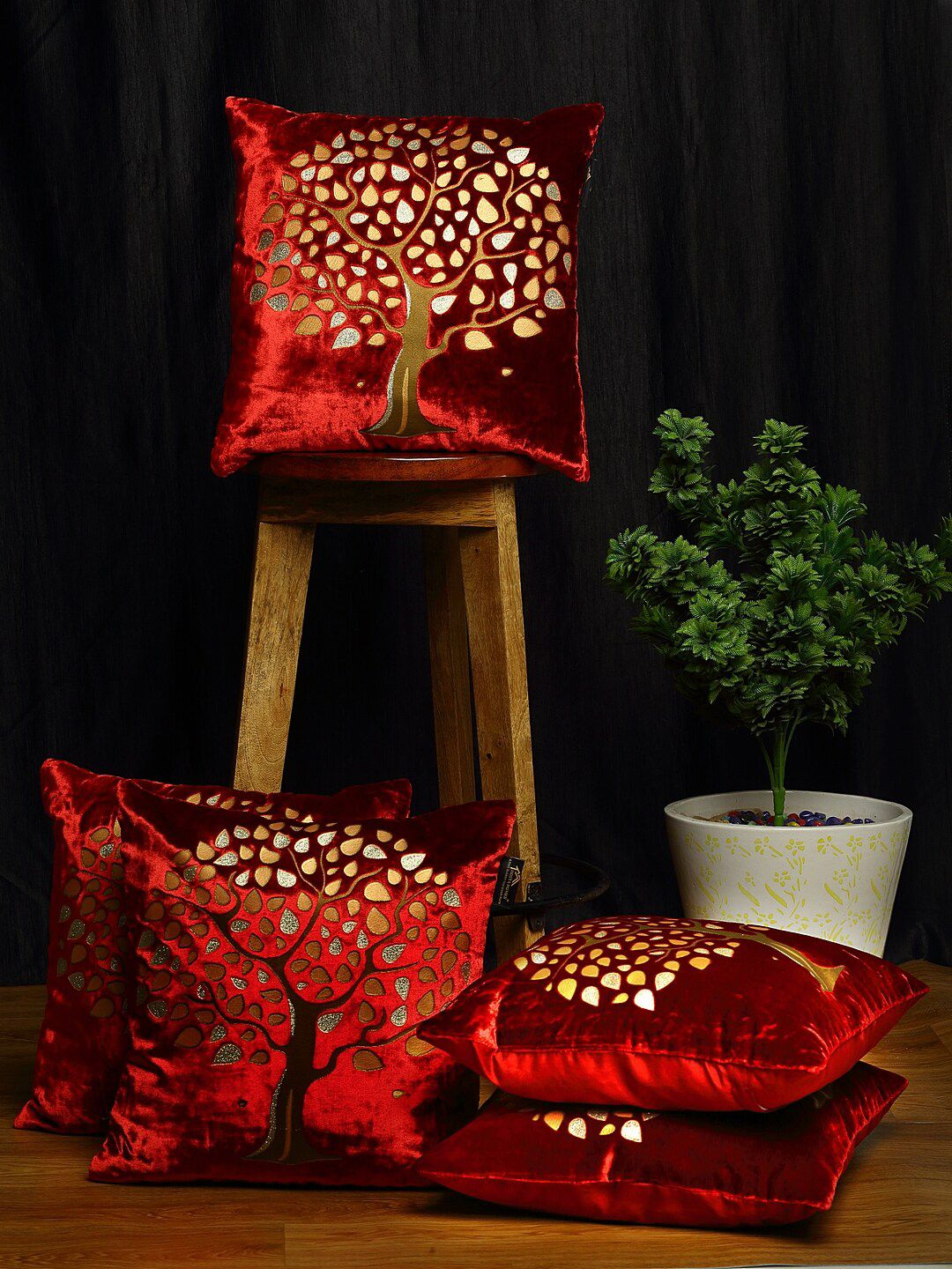 HOSTA HOMES Maroon Set of 5 Embellished Square Cushion Covers Price in India