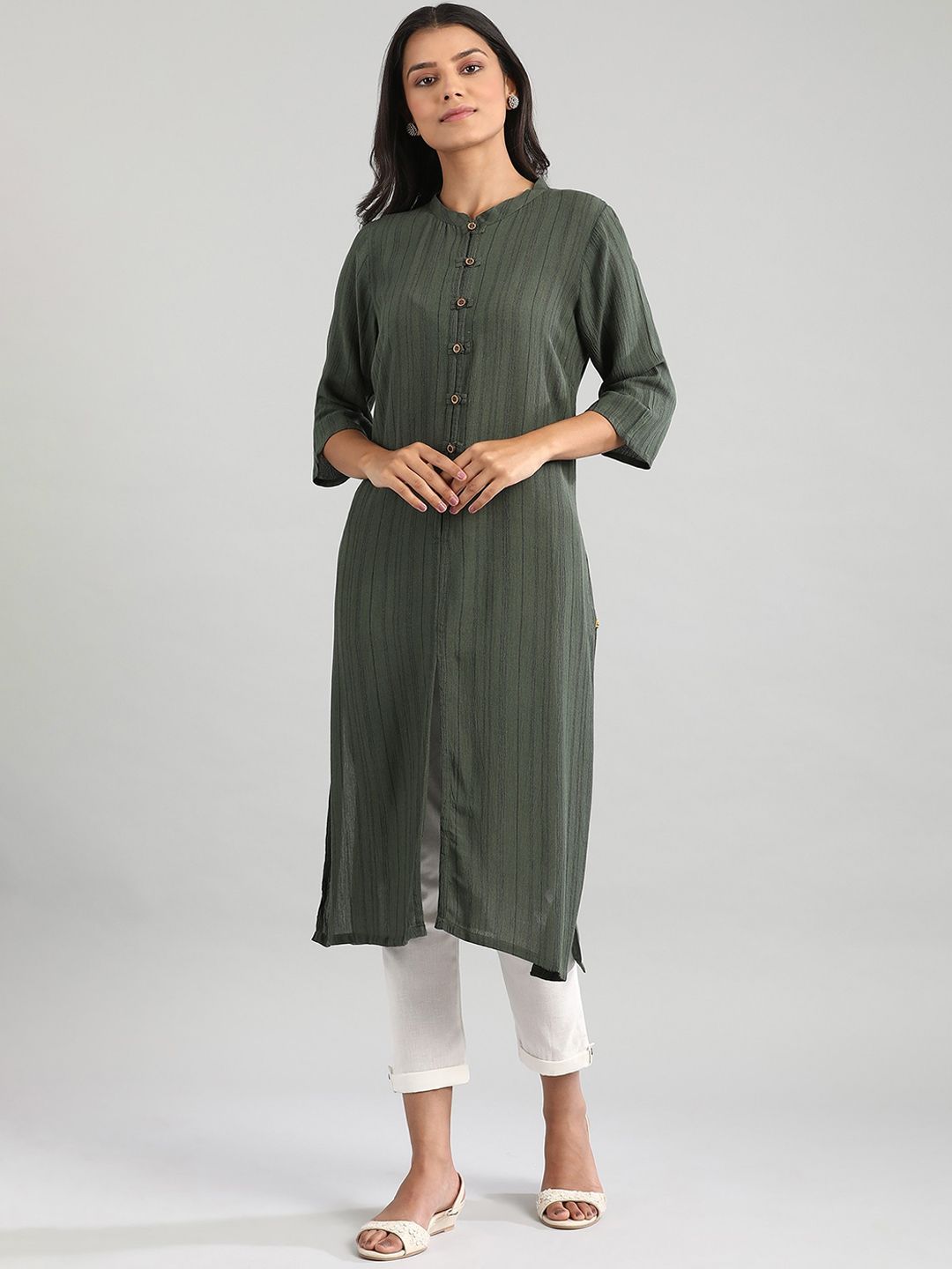 AURELIA Women Green Striped Kurta Price in India